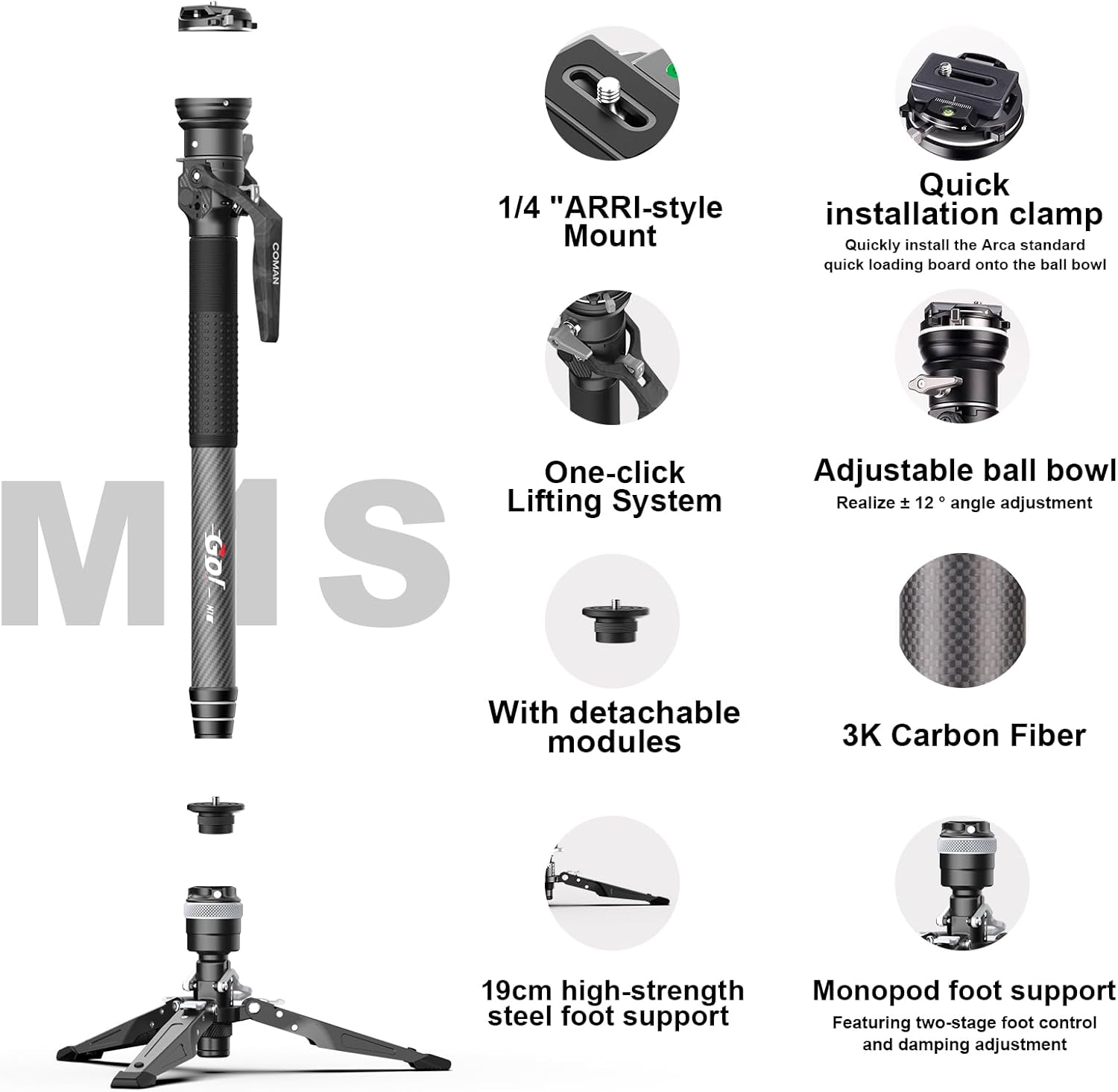 Detalle 2 de COMAN M1S One-Click Lifting Monopod mit Füßen | 65'' Carbonfaser, 360° Ball Bowl Head, Arca Quick Release