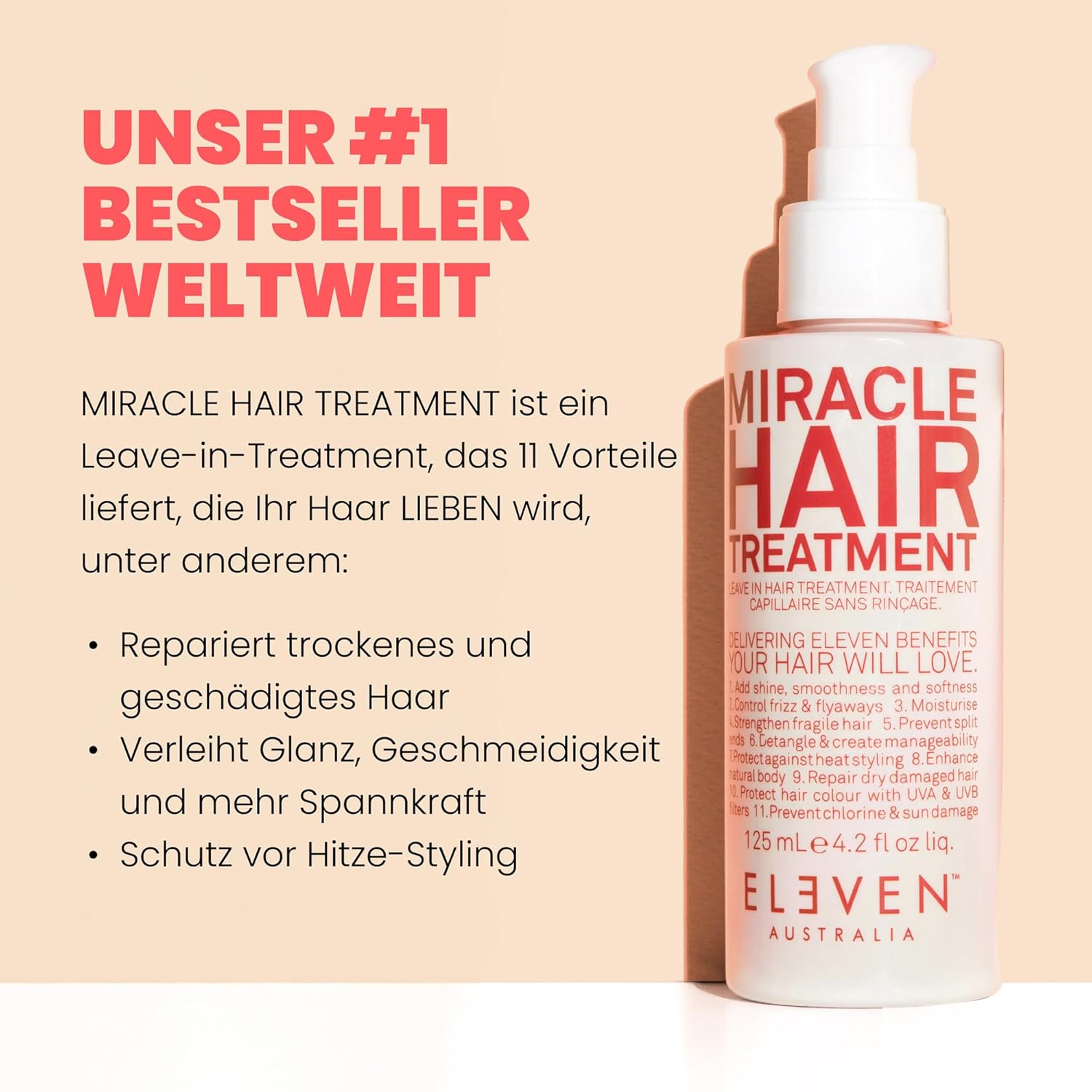 Detalle 2 de ELEVEN AUSTRALIA Miracle Hair Treatment – Leave-In für trockenes Haar, Hitzeschutz & Glättung (125 ml)
