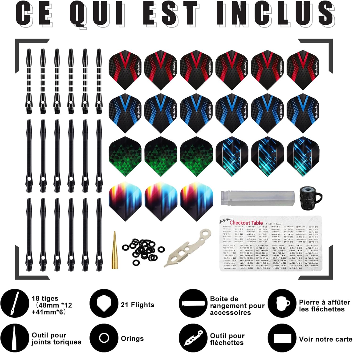 Detalle de Grebarley lot de 12 fléchettes professionnelles avec pointes métal, tiges en aluminium et ailettes (9) + joints toriques