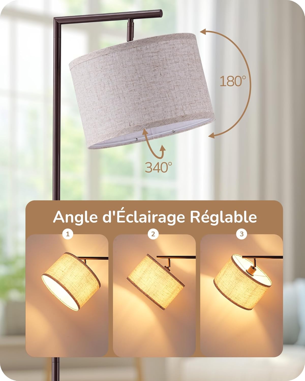 Thumbnail 1 de EDISHINE Lampadaire sur Pied Salon avec Abat-jour Rotatif en Lin Beige et Interrupteur Pédale