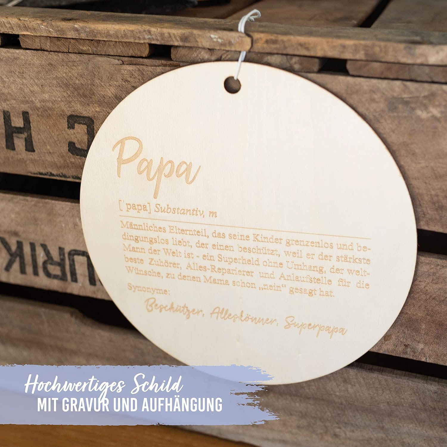Detalle de Papierdrachen Rundes Holzhängeschild mit Gravur Papa – 22x22x0,8 cm