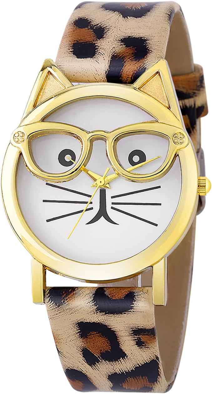 Detalle de Hemobllo Damen-Armbanduhr mit Katzen- und Leopardenmotiv – Quarz-Uhr im Kawaii-Stil