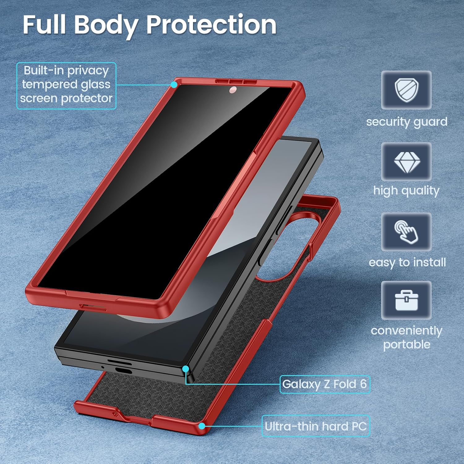 Thumbnail 3 de Maxdara for Samsung Galaxy Z Fold 6 Case with Privacy Tempered Glass Screen Protector (Red)