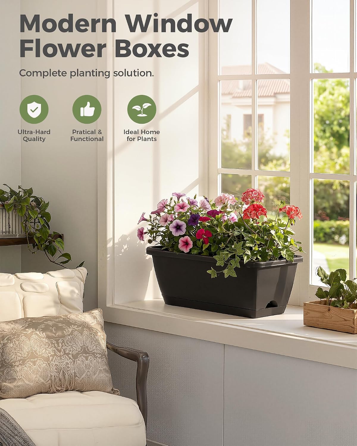 Thumbnail 5 de Bamworld 7-Piece 43 cm Window Box Planter Set, Black Plastic with Drainage