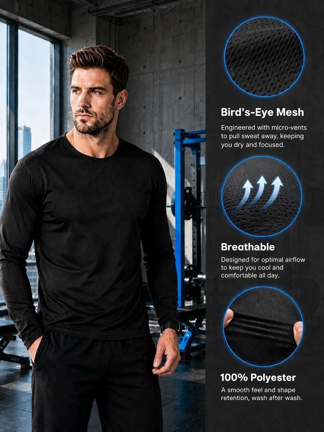 Detalle 2 de Kinglaman Men's Long-Sleeve Workout Shirts