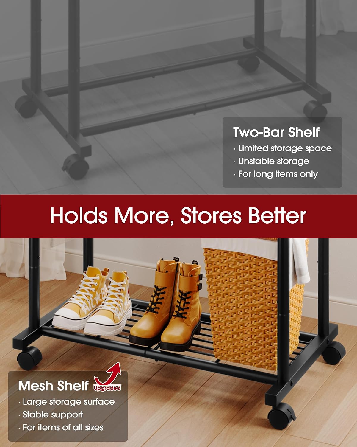 Thumbnail 4 de Sakugi Clothes Rail – Double-Rod Rustproof Clothes Rack with Anti-Slip Stoppers, Mesh Shelf and Wheels