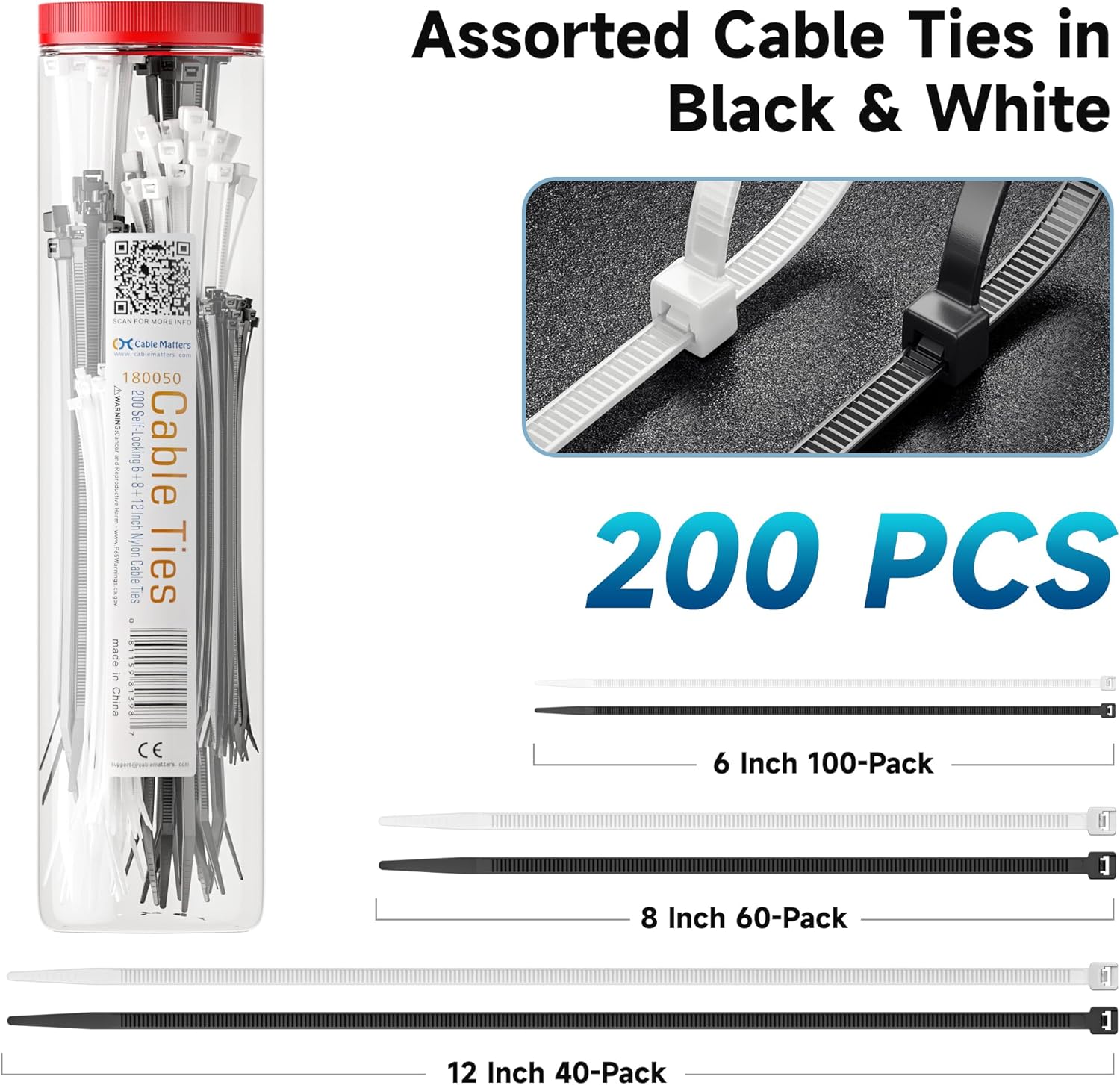 Detalle de Cable Matters Combo Pack Assorted Self-Locking Nylon Cable Ties (200) – 15/20/30cm in Black & White