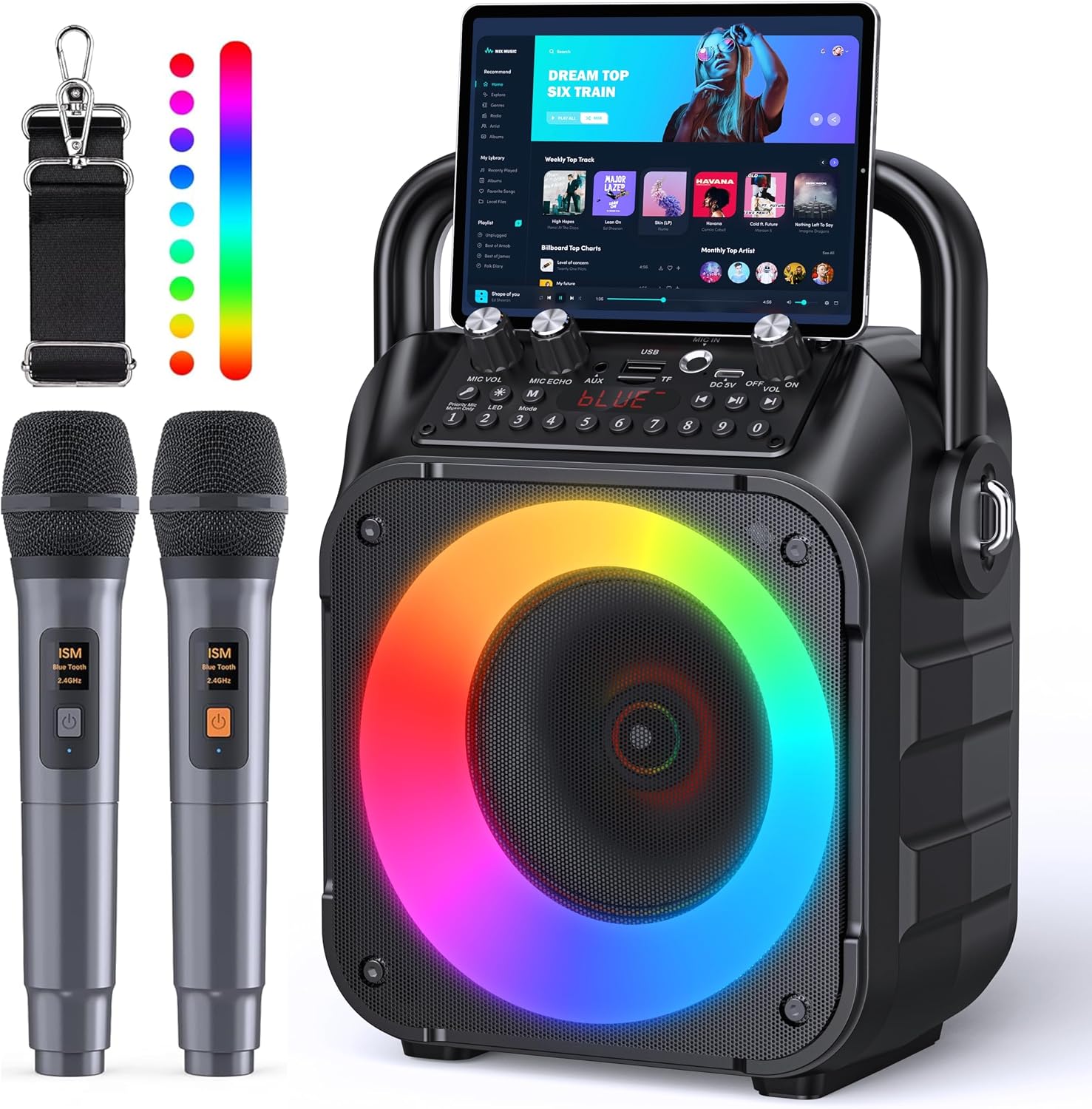 Detalle de Karaoke Machine with Two Wireless Microphones – Portable Bluetooth PA System