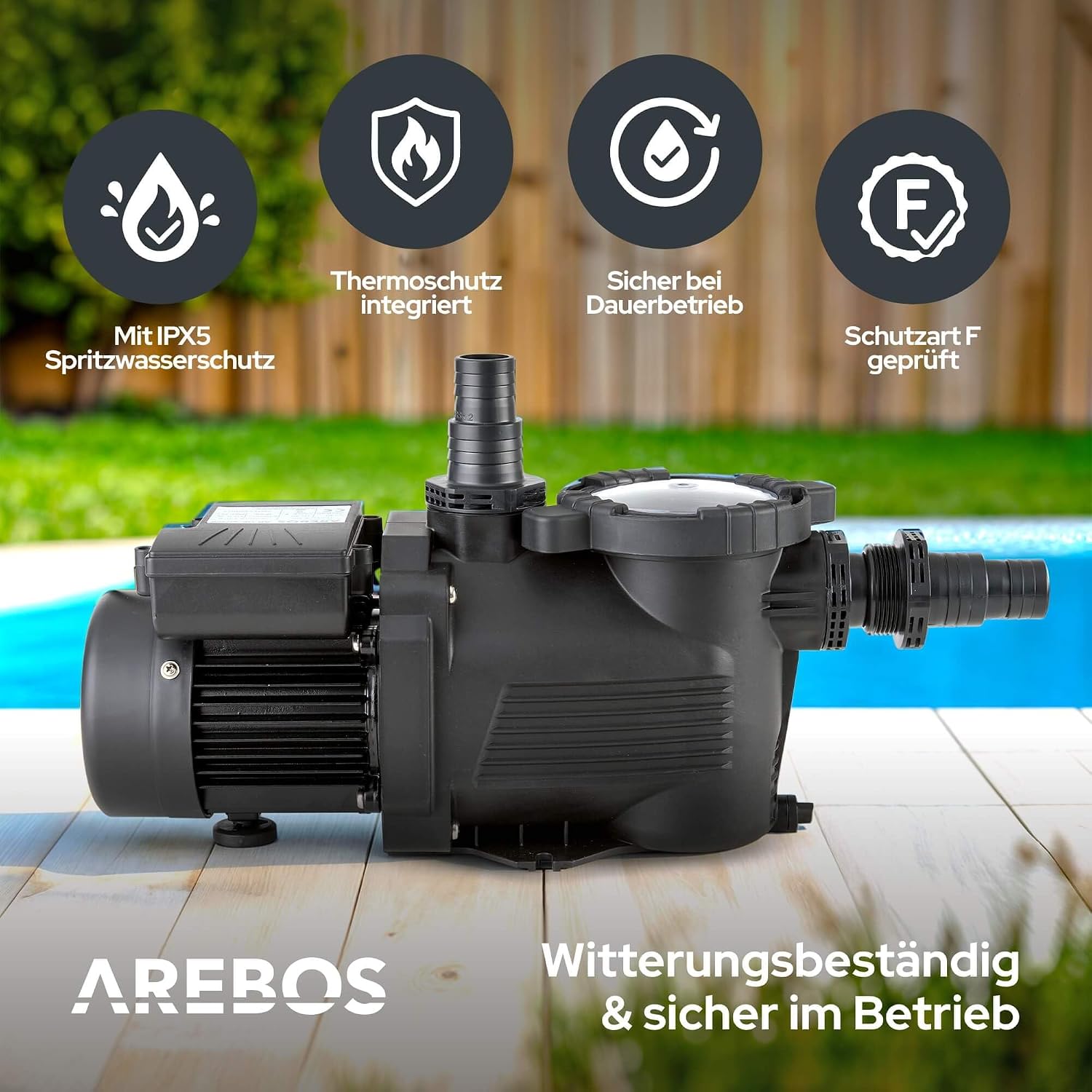 Detalle de AREBOS Schwimmbadpumpe 350 W (9500 l/h) mit Vorfilter – Filterpumpe für Pool-Sandfilteranlagen