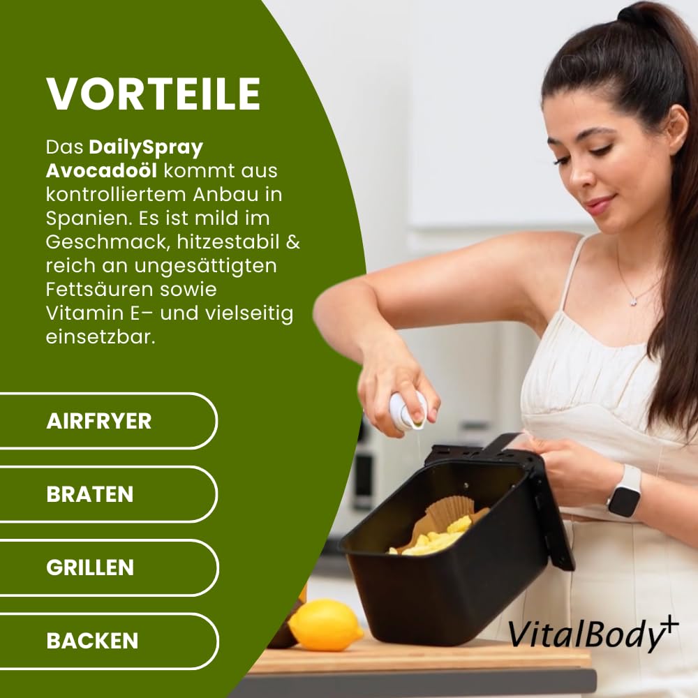 Detalle de VitalBody+ DailySpray Avocadoöl – 2 kcal pro Sprühstoß, kalorienarm, antihaftend für Airfryer, Braten & Grillen