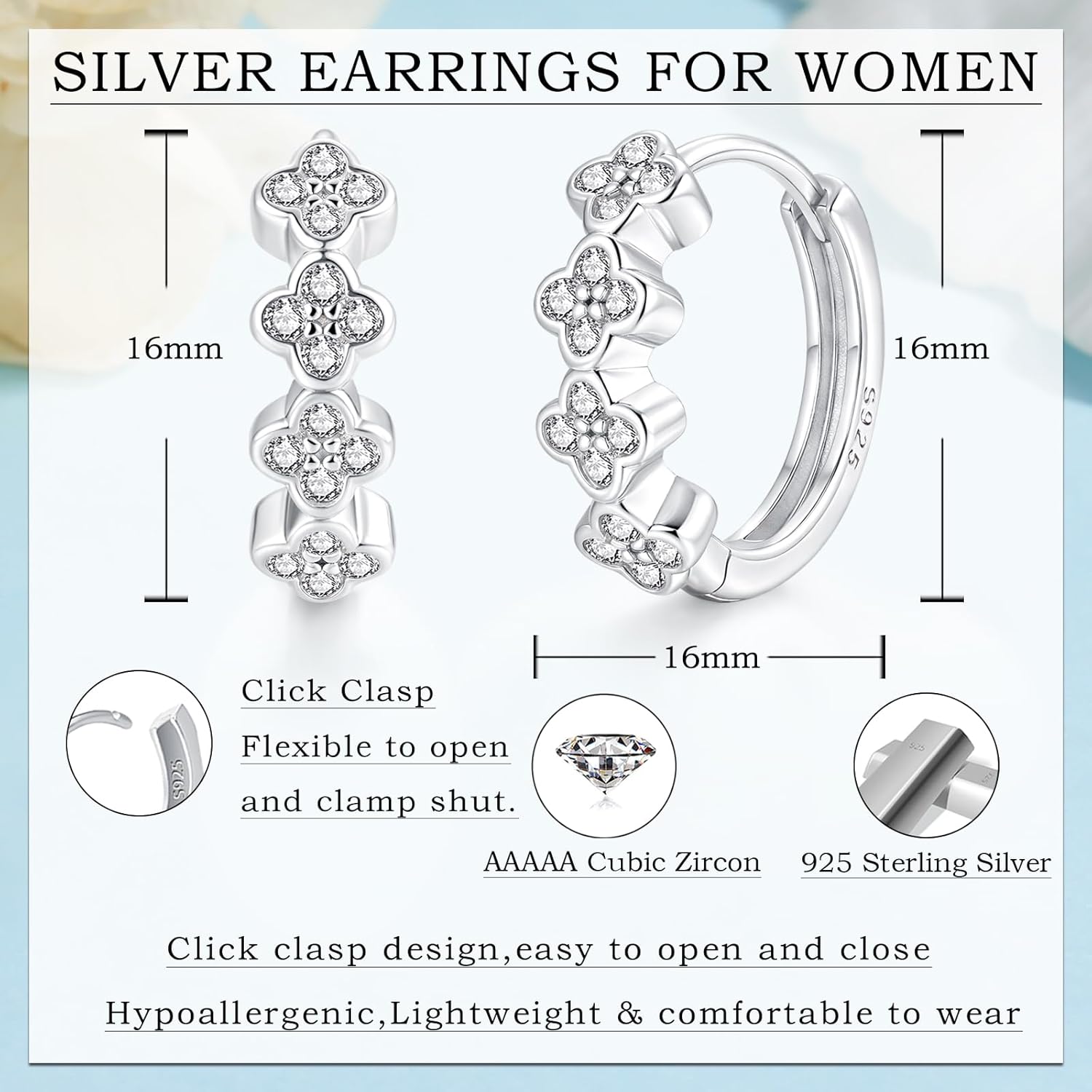 Thumbnail 1 de Kamise Silver Hoops Earrings for Women – 925 Sterling Silver Small Clover/Heart/Star Huggies with Zirconia