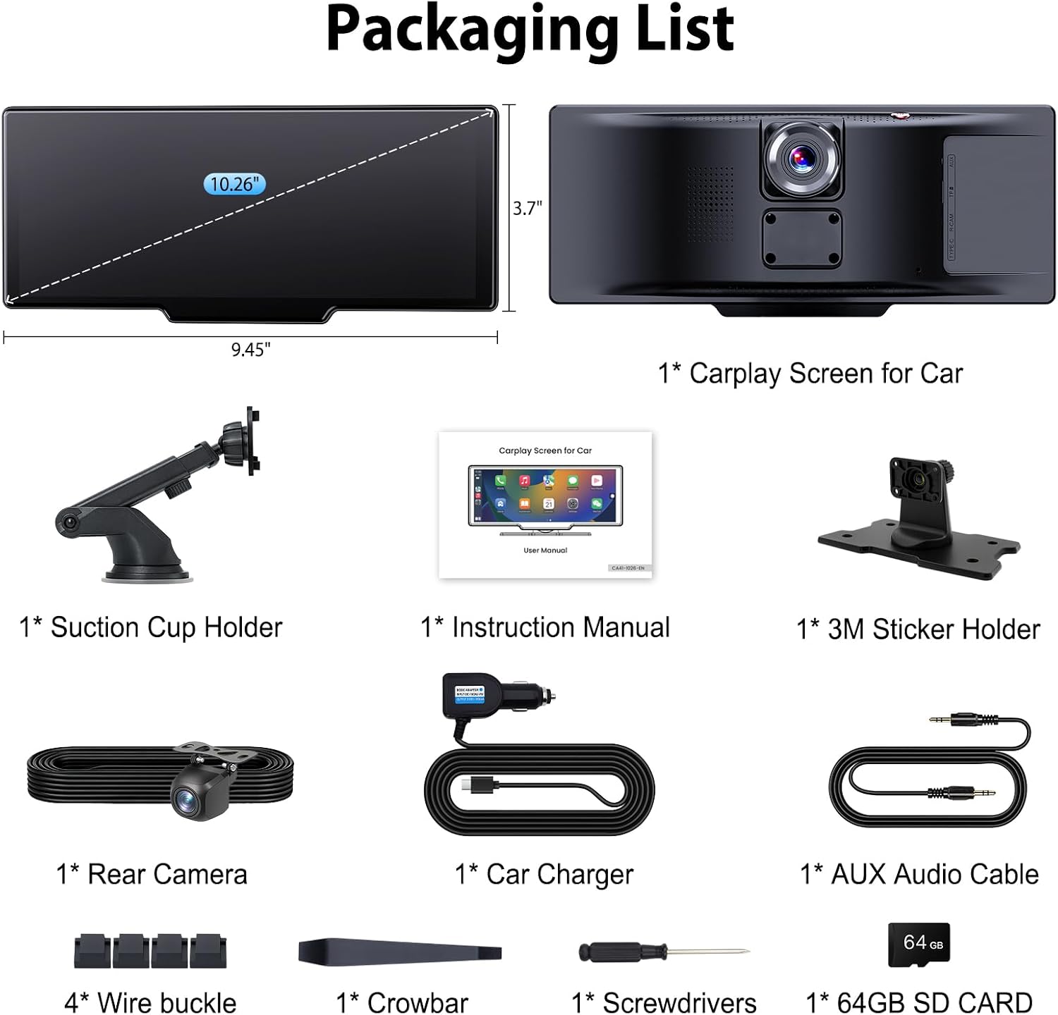 Thumbnail 6 de ELECROW 10.26” Wireless Portable CarPlay Screen with 4K Front & HD Rear Dual Dash Cam
