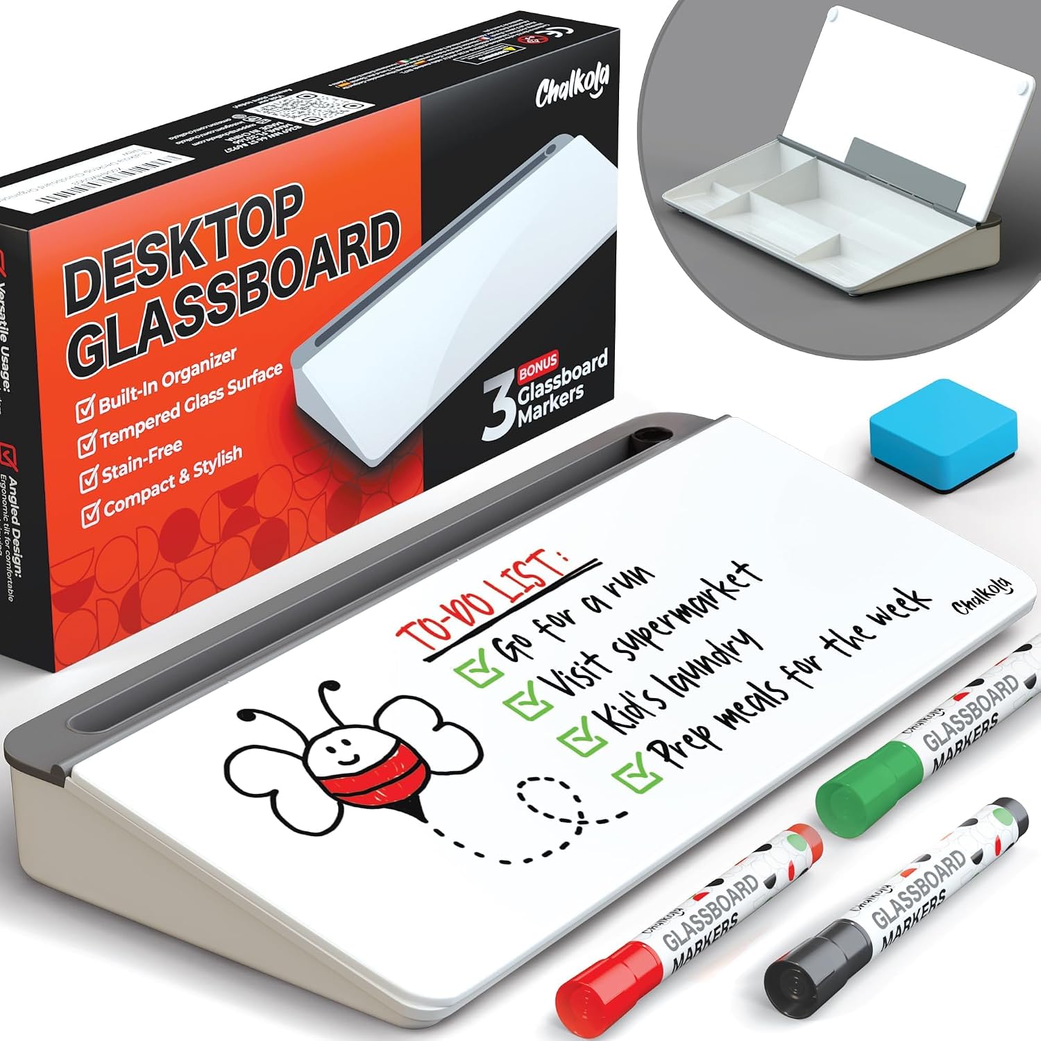 Chalkola Glass Desktop Whiteboard with Storage (Dry Erase) — Desk organiser + keyboard stand with 3 markers