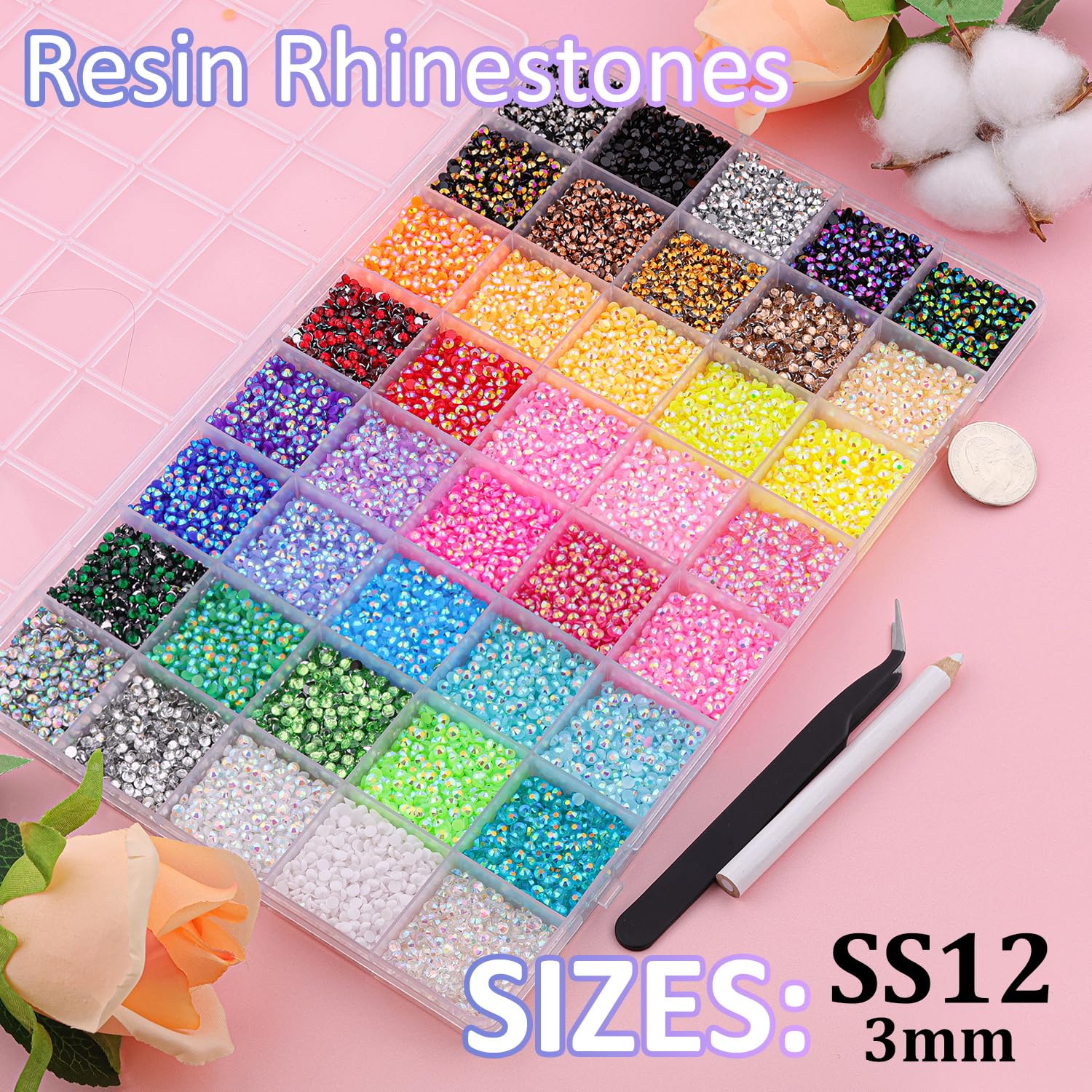 Thumbnail 1 de 40000-Piece Gel Rhinestone Embellishment Kit (40 Colors) – 3mm Resin Flat-Back Gems with Tweezers, Pickup Pen & B7000 Glue