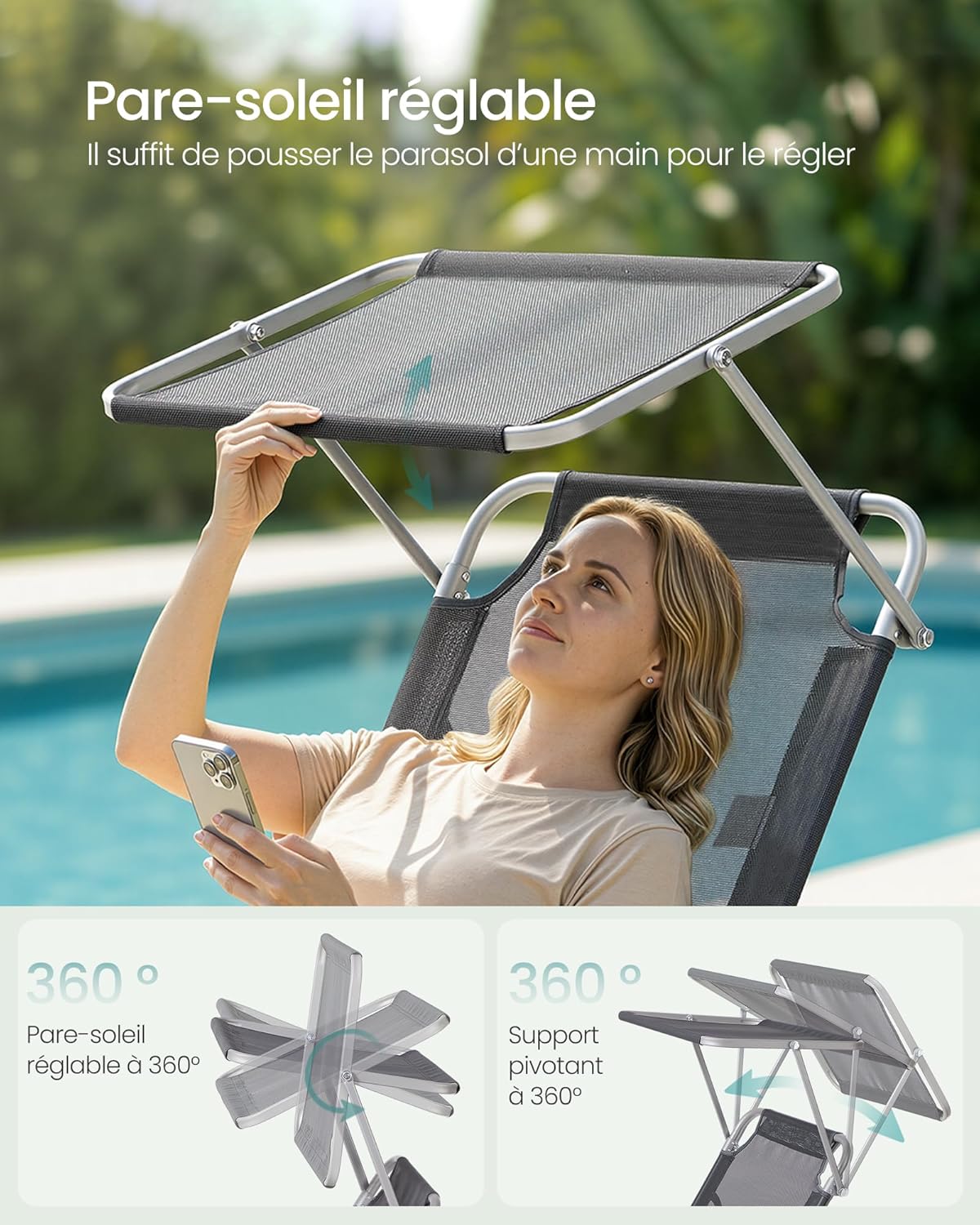 Thumbnail 3 de SONGMICS lot de 2 chaises longues pliantes avec pare-soleil réglable 360° et dossiers sur 4 positions (189 x 53 x 28,5 cm) – Gris GCB294GZ02