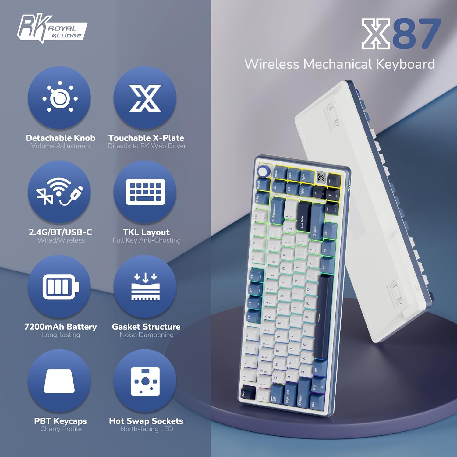 Detalle de RK ROYAL KLUDGE X87 Gasket Mechanical Keyboard — 75% Wireless with Volume Knob, X-Plate Touch, Hot-Swappable, Beige Switch