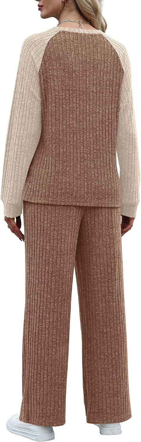 Detalle de WIHOLL Women's Ribbed Knit Lounge Set with Button-Shoulder Sweater