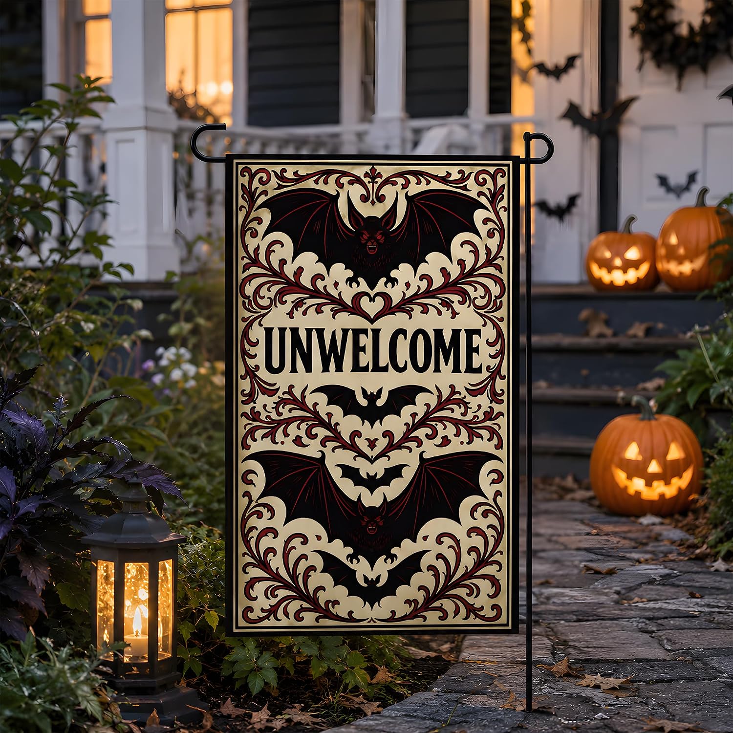 Detalle de MDDRUIQI Unwelcome Gothic Bat Halloween Garden Flag, Double-Sided Polyester