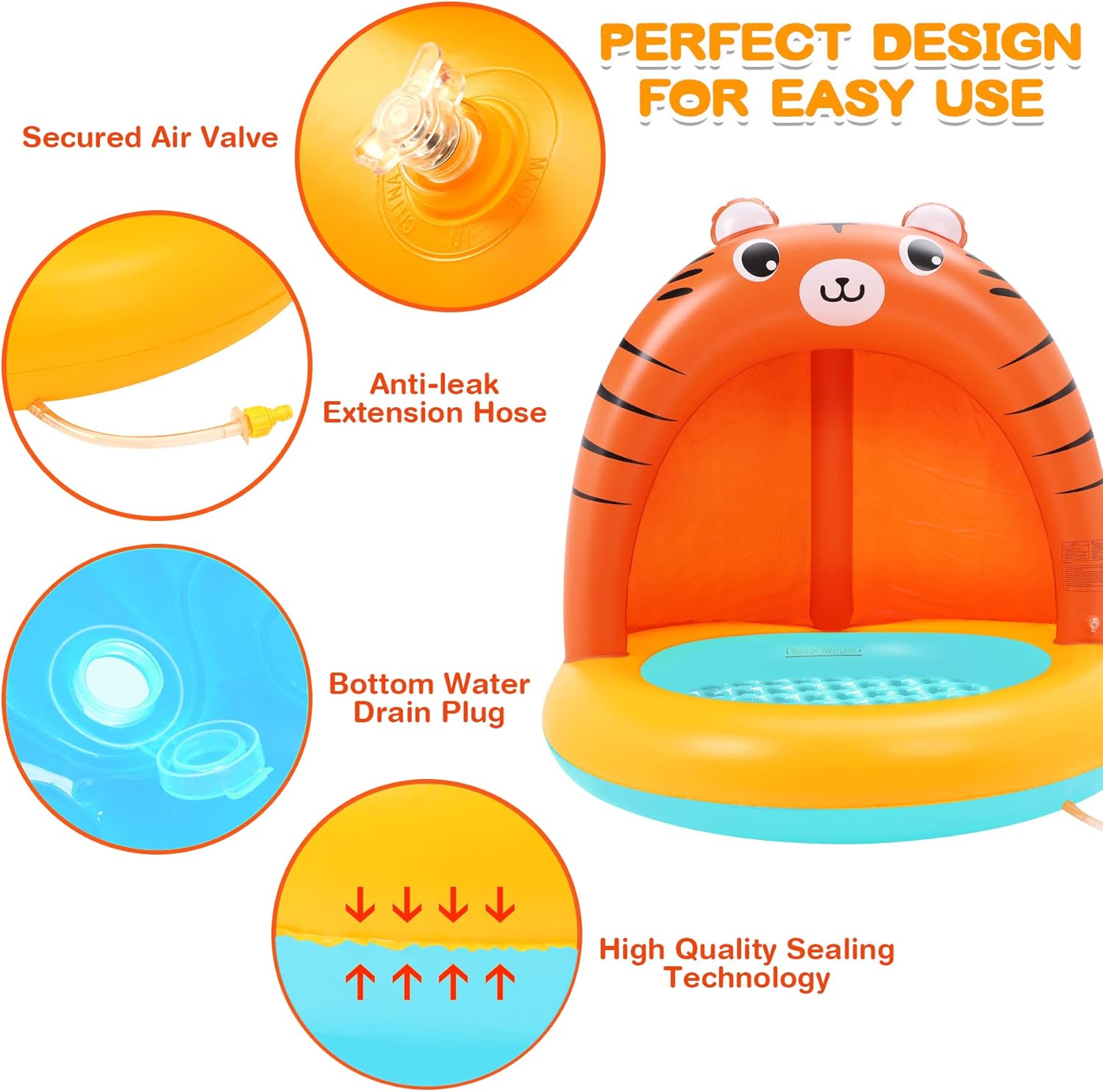 Detalle de COOLJOYA Planschbecken Wasserspielzeug für Kinder – 110 × 84 × 26 cm mit Tiger-Design