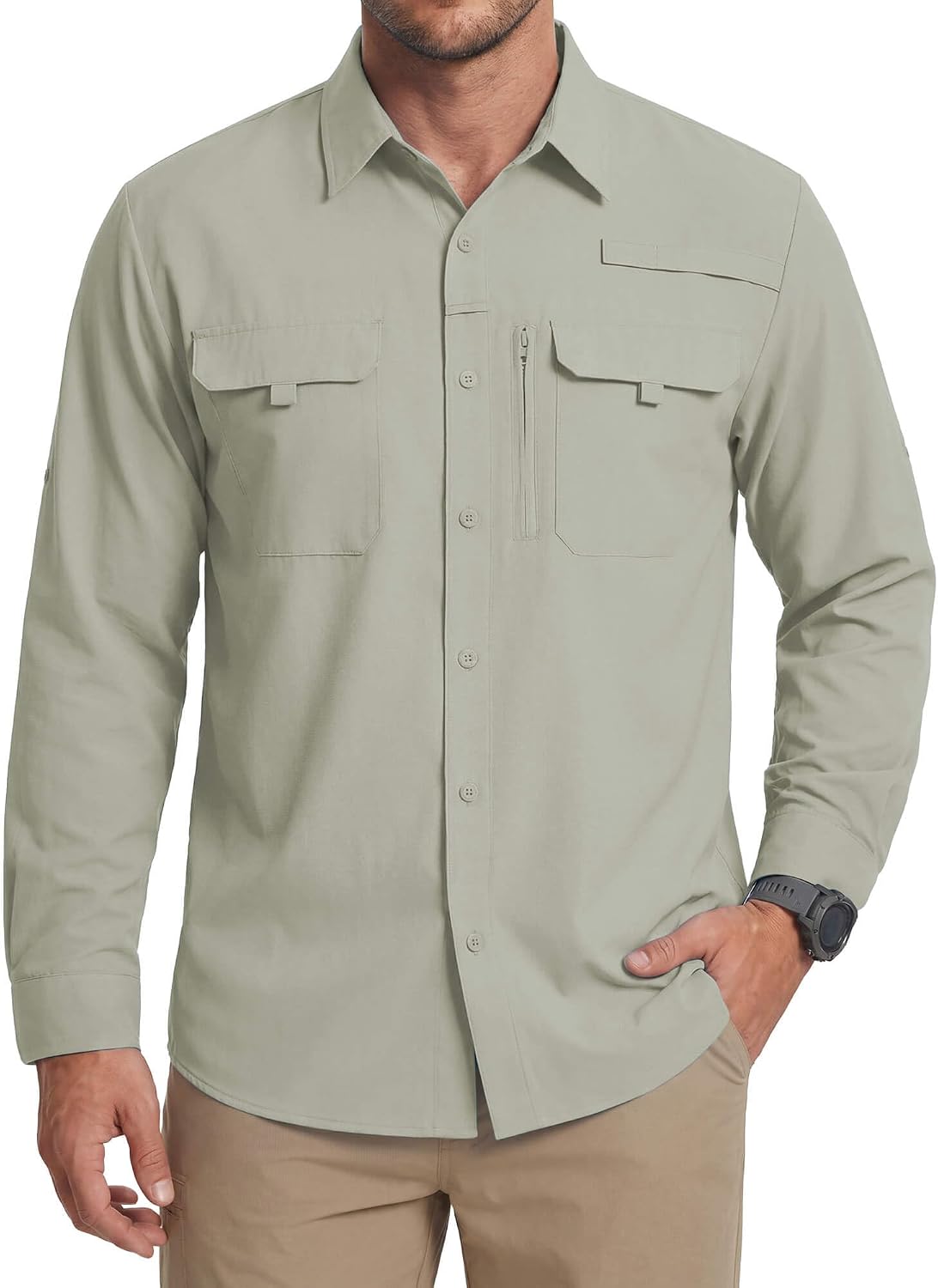Detalle de WULFUL Men's Sun Protection Fishing Shirts UPF 50+ Lightweight Quick Dry Long Sleeve with Roll-Up Cuffs
