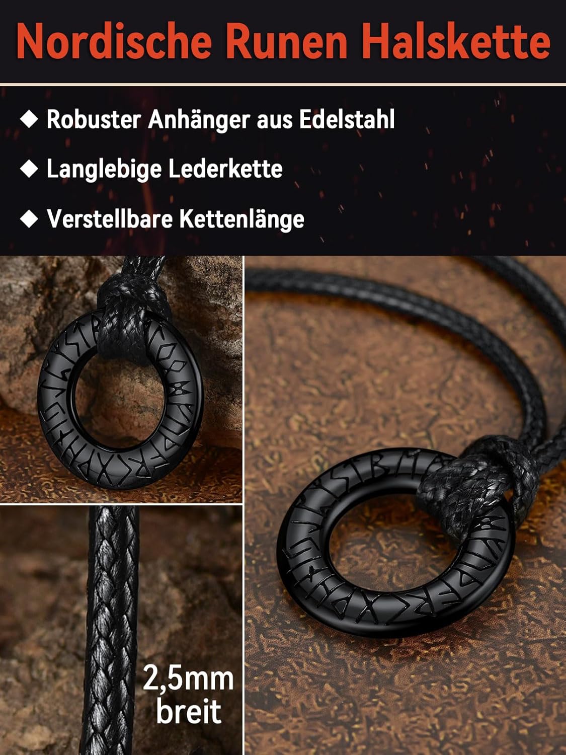 Thumbnail 1 de FaithHeart Lederkette mit Wikinger-Runenanhänger – verstellbar, Edelstahl‑Detail und Kunstleder