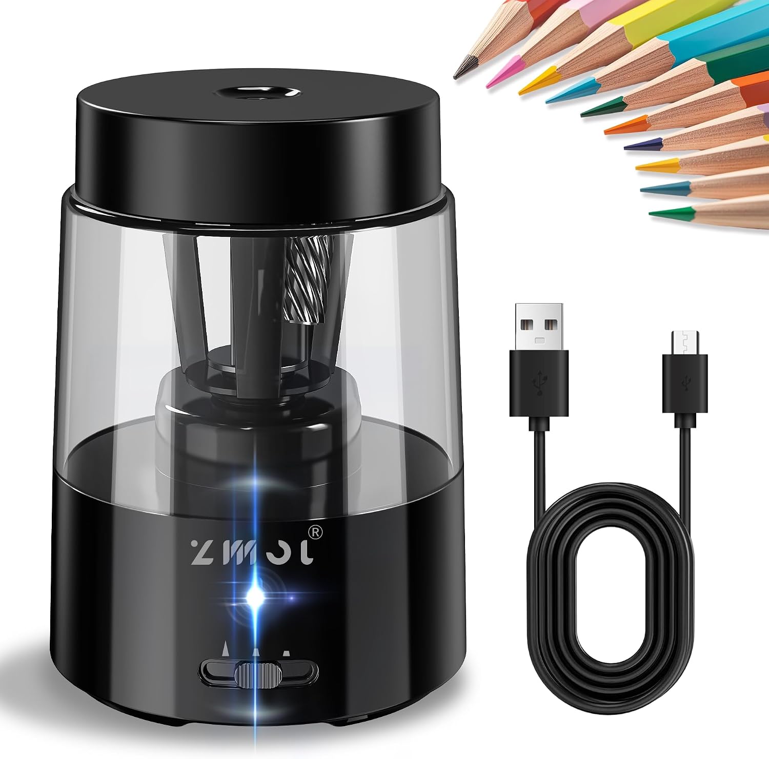 Detalle de ZMOL Elektrischer Bleistiftspitzer für Kinder – USB-C, Auto-Stopp, 6–8 mm, Schwarz