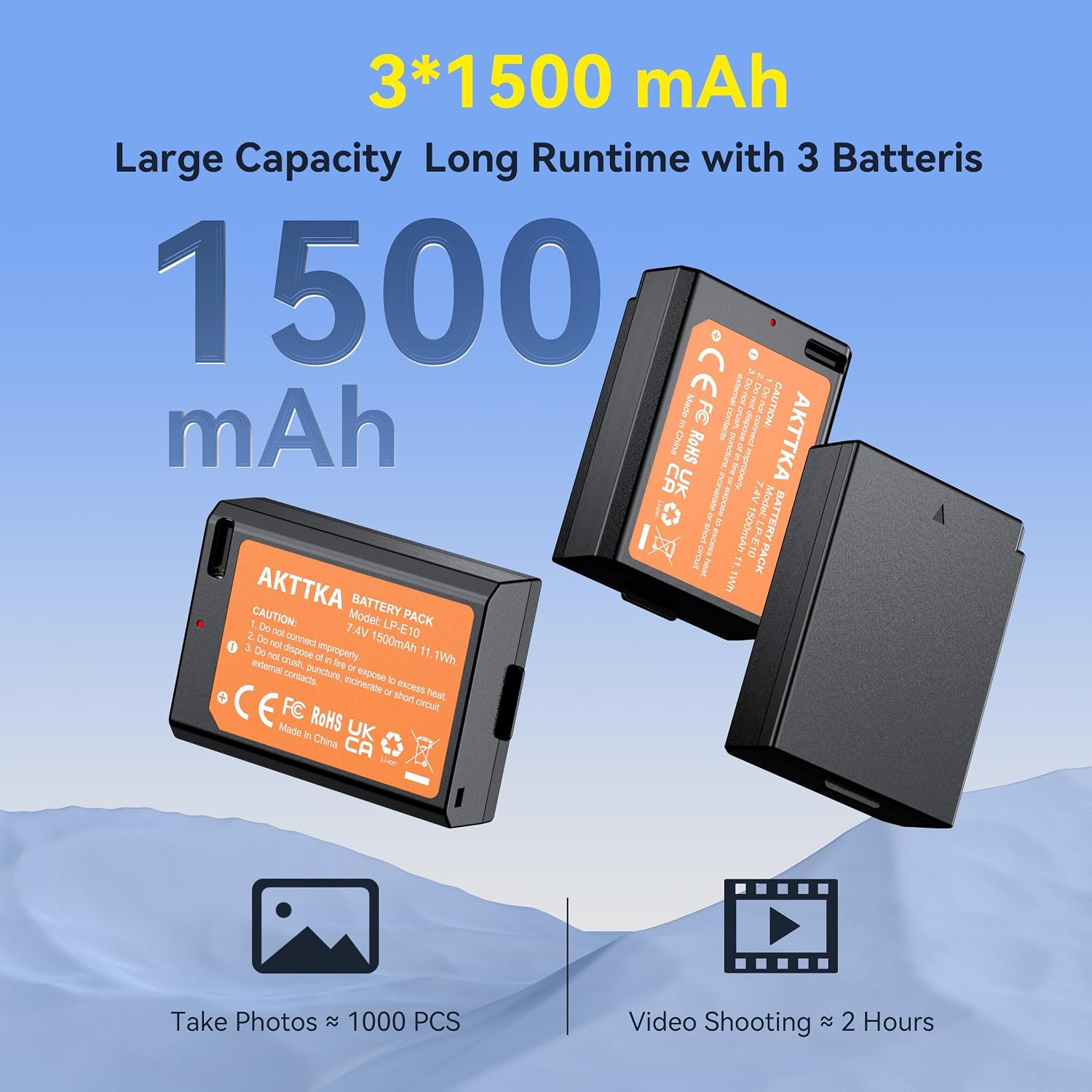 Detalle de Lot de 3 batteries AKTTKA LP-E10 1500 mAh avec charge directe USB-C (câble 2-en-1) pour Canon LP-E10