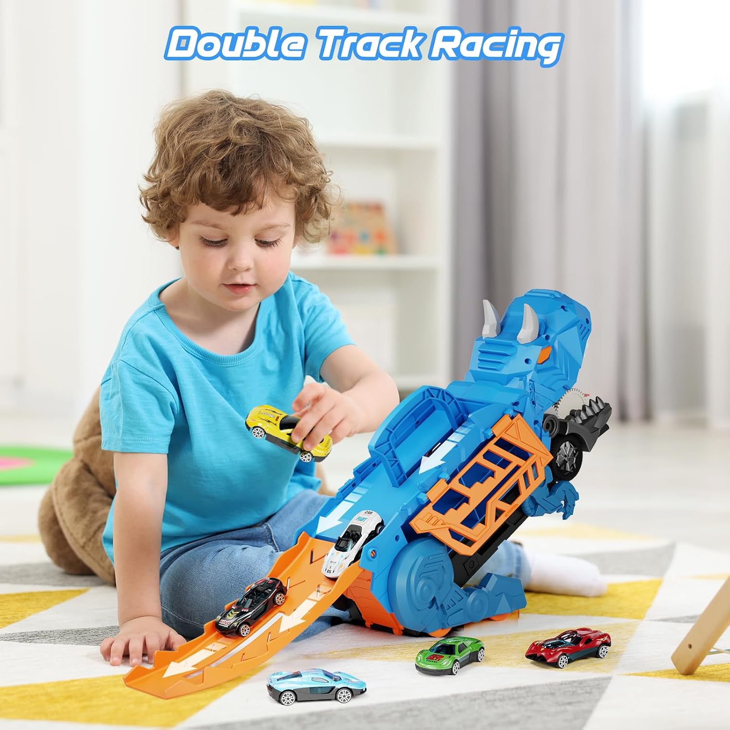 Detalle 2 de Shawe Dinosaurier Transporter Truck mit 6 Spielzeugautos 🚚