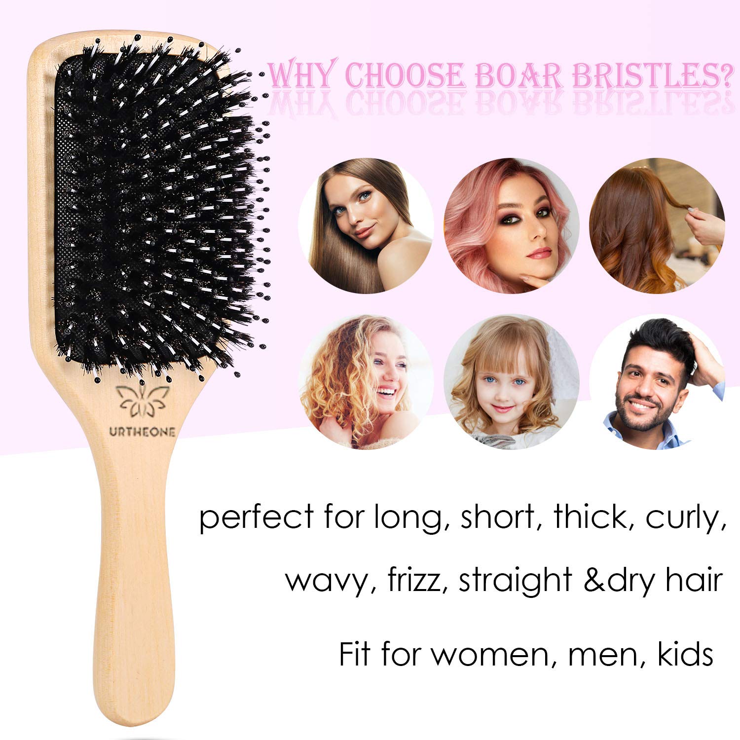Detalle 2 de URTHEONE Boar Bristle Paddle Hairbrush with Wooden Handle and Nylon Tips