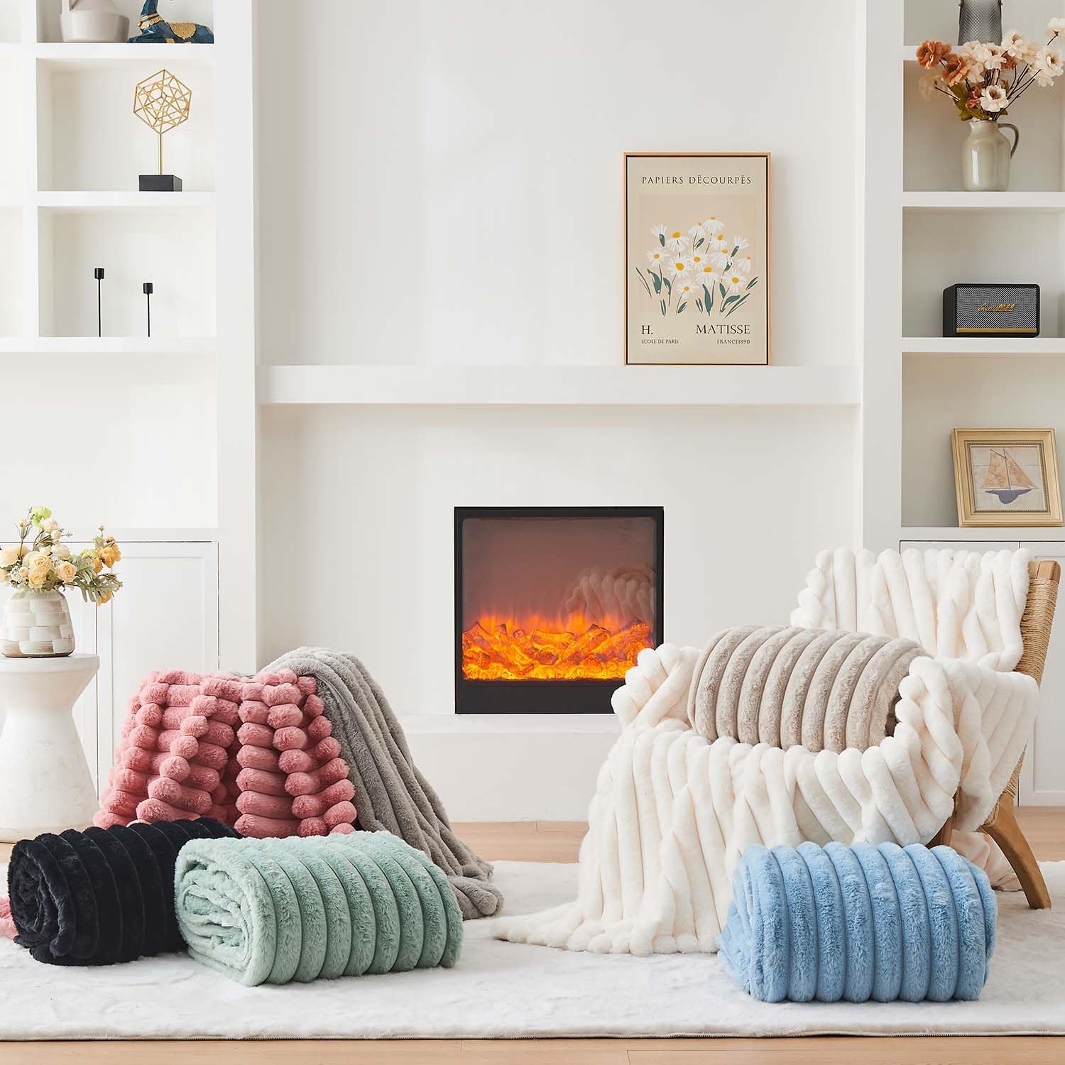 Thumbnail 6 de Lotus Karen King-Size Faux Rabbit Fur Blanket, Pink Stripe, Reversible Texture