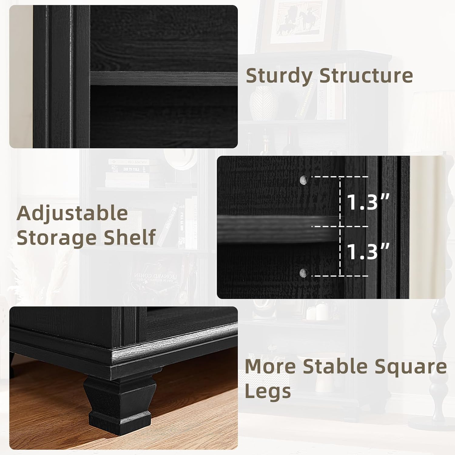 Detalle de SAVOR LIFE black tall bookshelf, 5-Tier Black Bookcase with Adjustable Shelves