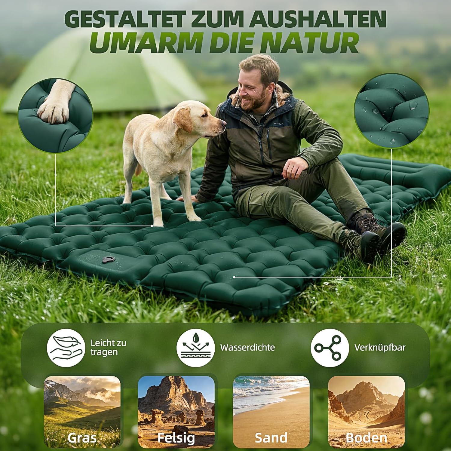 Detalle 2 de FORRINX Isomatte Camping 2 Personen – 9,5 cm Dicke, integrierte Fußpumpe, 205 × 130 cm