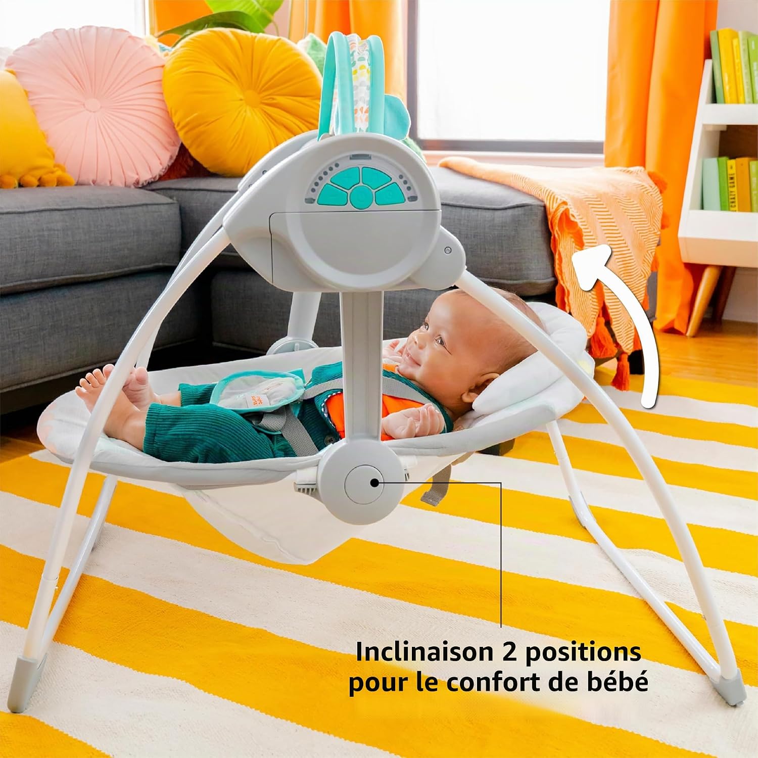 Detalle de Bright Starts Balancelle Compacte Whimsical Wild — balancement 6 vitesses avec arche amovible et deux jouets