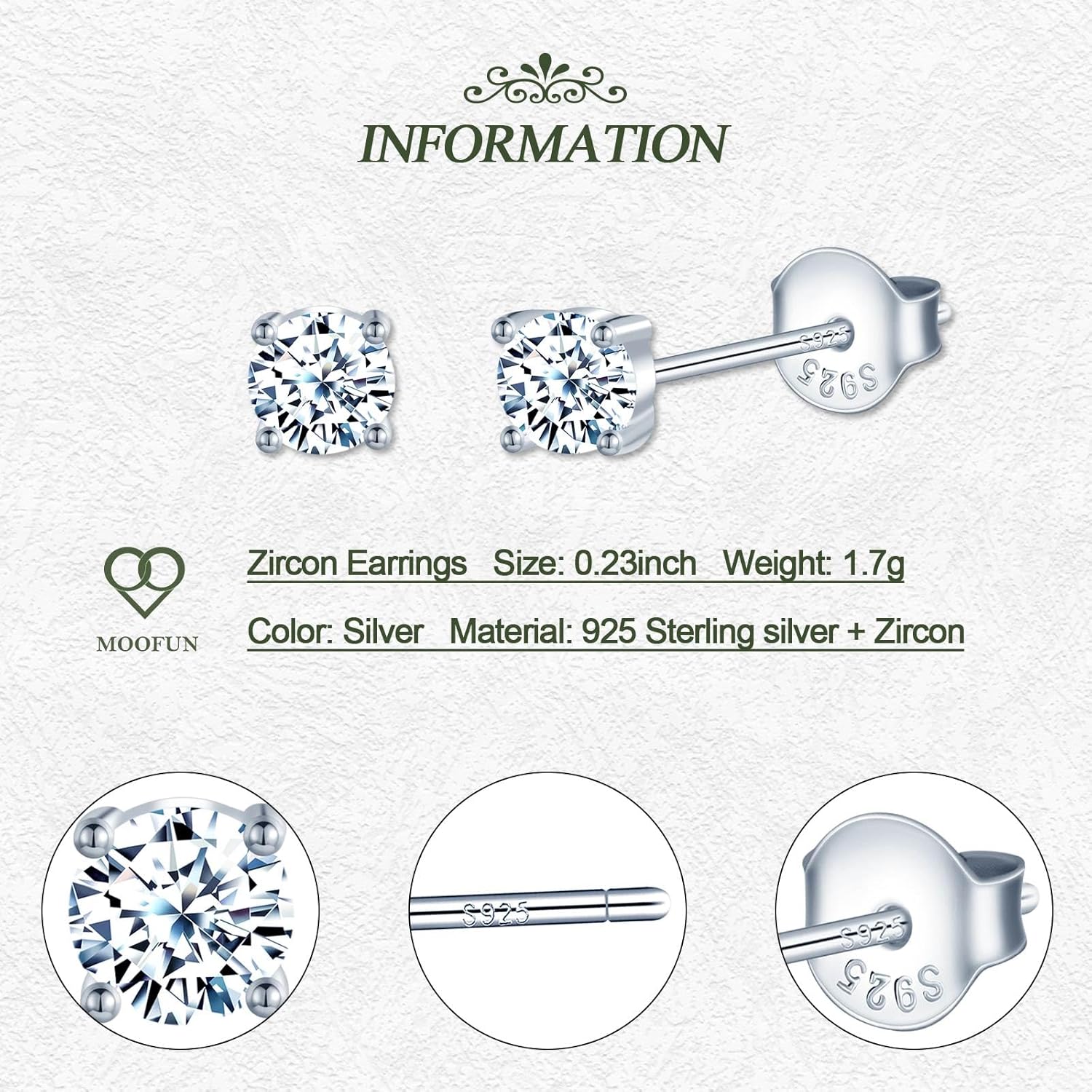 Detalle de MOOFUN 6mm Zirkonia Ohrstecker – 925 Silber, hypoallergen, vielseitig und leicht