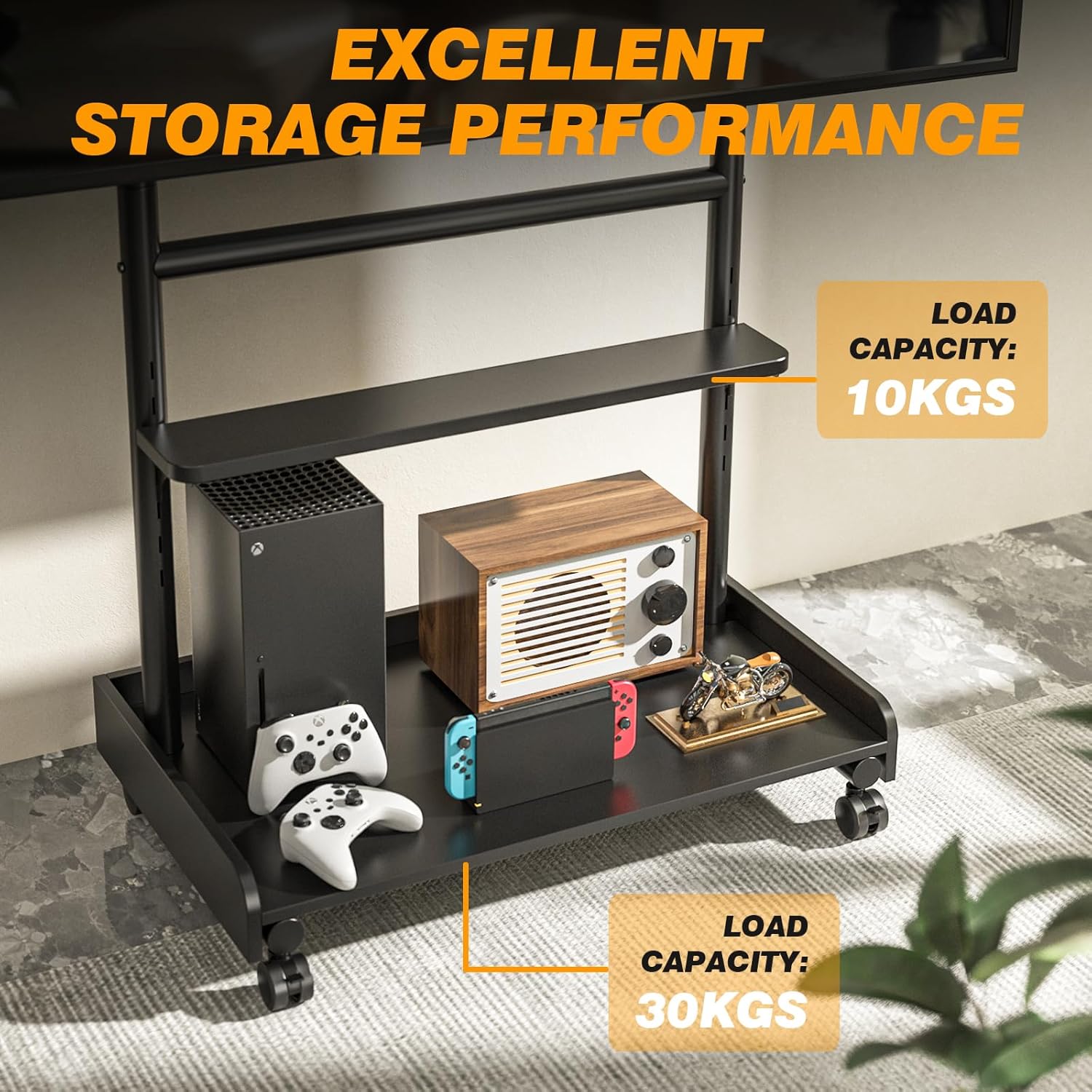 Thumbnail 4 de TVON support TV sur pied à roulettes pour écrans 40 à 86 pouces, hauteur réglable et socle en bois (VESA jusqu’à 600x400)