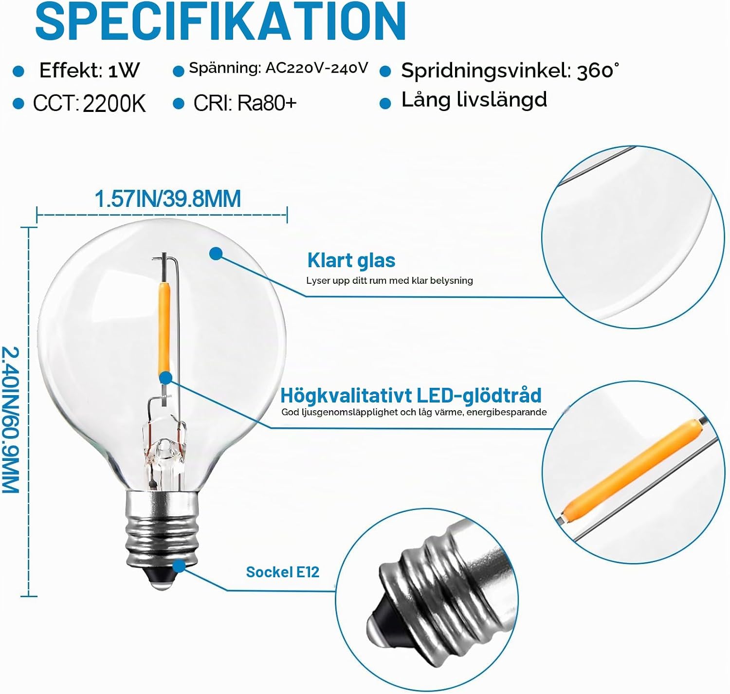 Thumbnail 2 de LangPlus+ LM-FM-P45 G40 LED-lampor, 1 W, E12, 2200 K, 25-pack