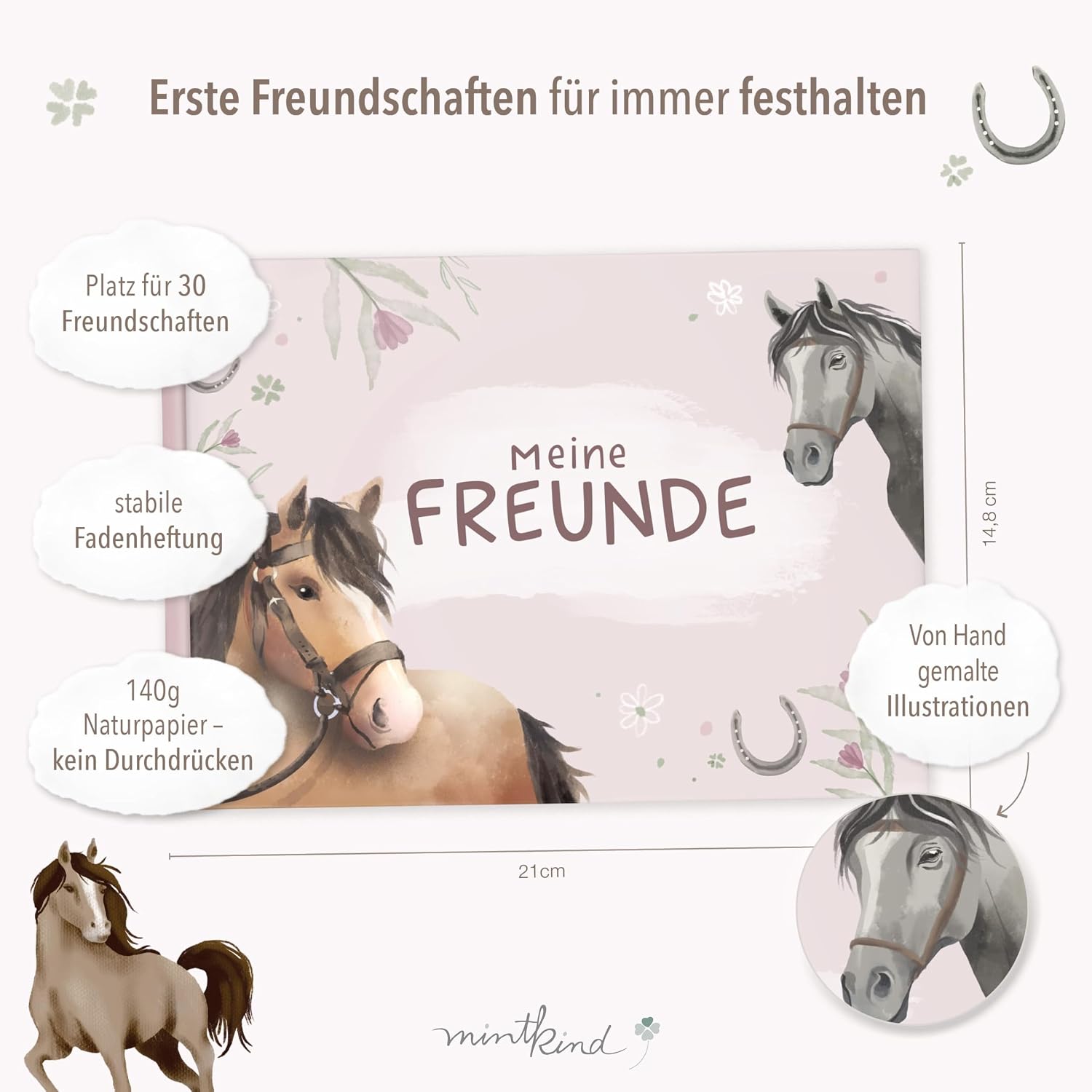 Detalle 2 de mintkind® Schulfreundebuch Pferde für Mädchen (DIN A5, Hardcover, 30 Freundeseiten) – mit Geburtstagskalender & Malrätseln