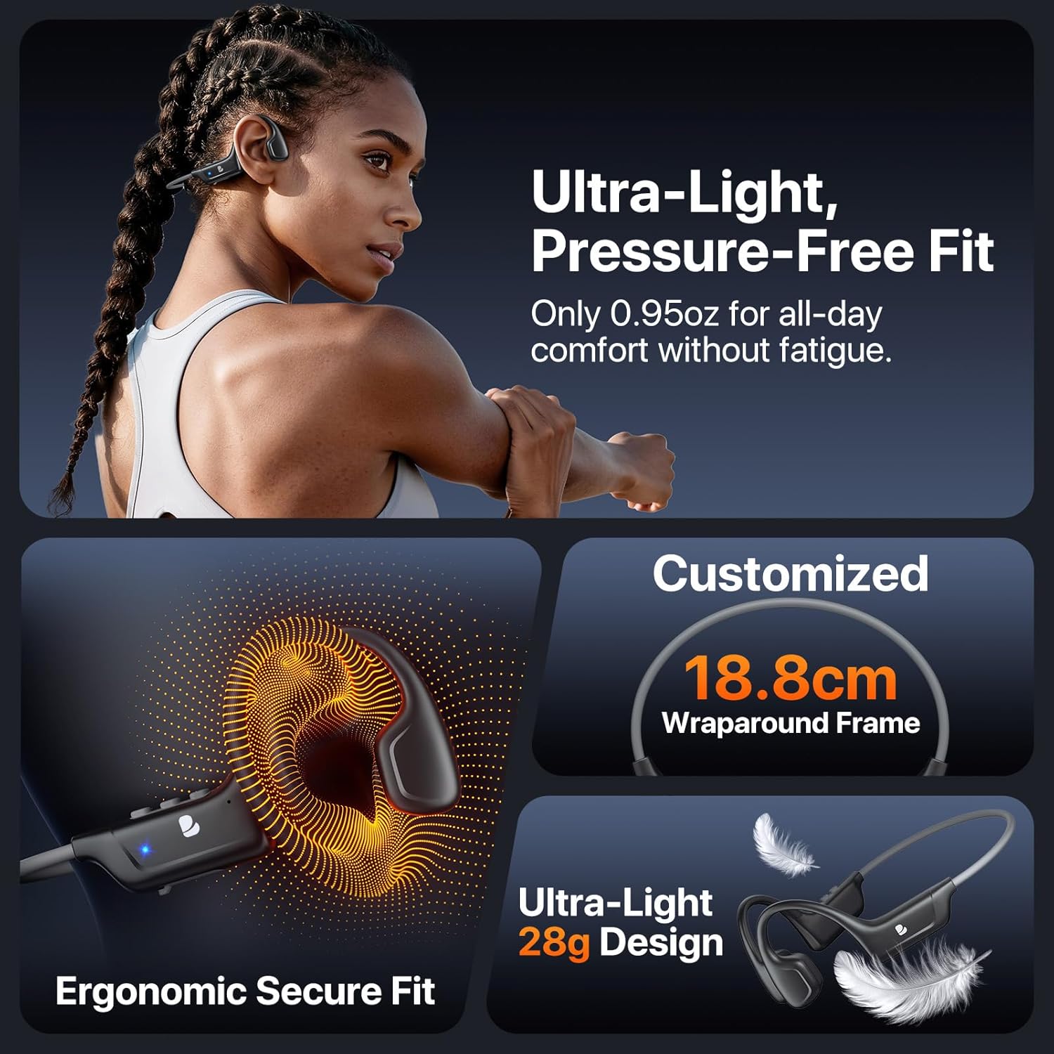 Detalle de Bayhanc Bone Conduction Headphones: Open-Ear Wireless Earphones with 16mm Drivers