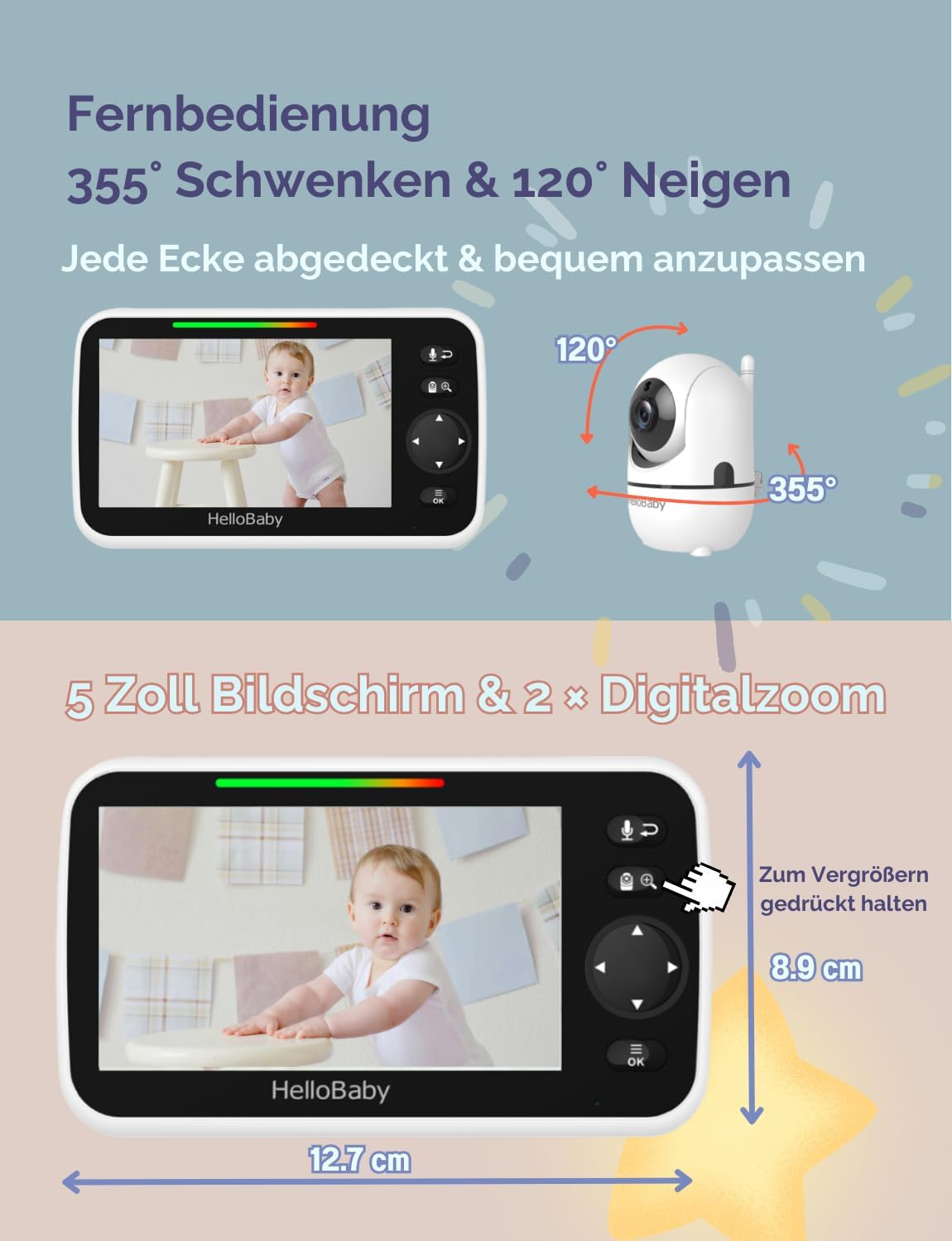 Detalle de HelloBaby HB6550 Babyphone Kamera mit 3500 mAh Akku 5 Zoll Bildschirm