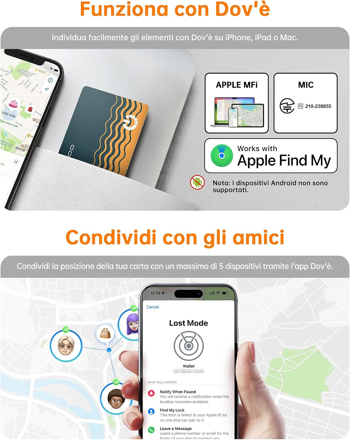 Detalle de NOVOO Air Tag Card Wallet Tracker Slim 1,6 mm per Apple Dov’è: localizzatore sottile con IP68 e batteria fino a 6 anni