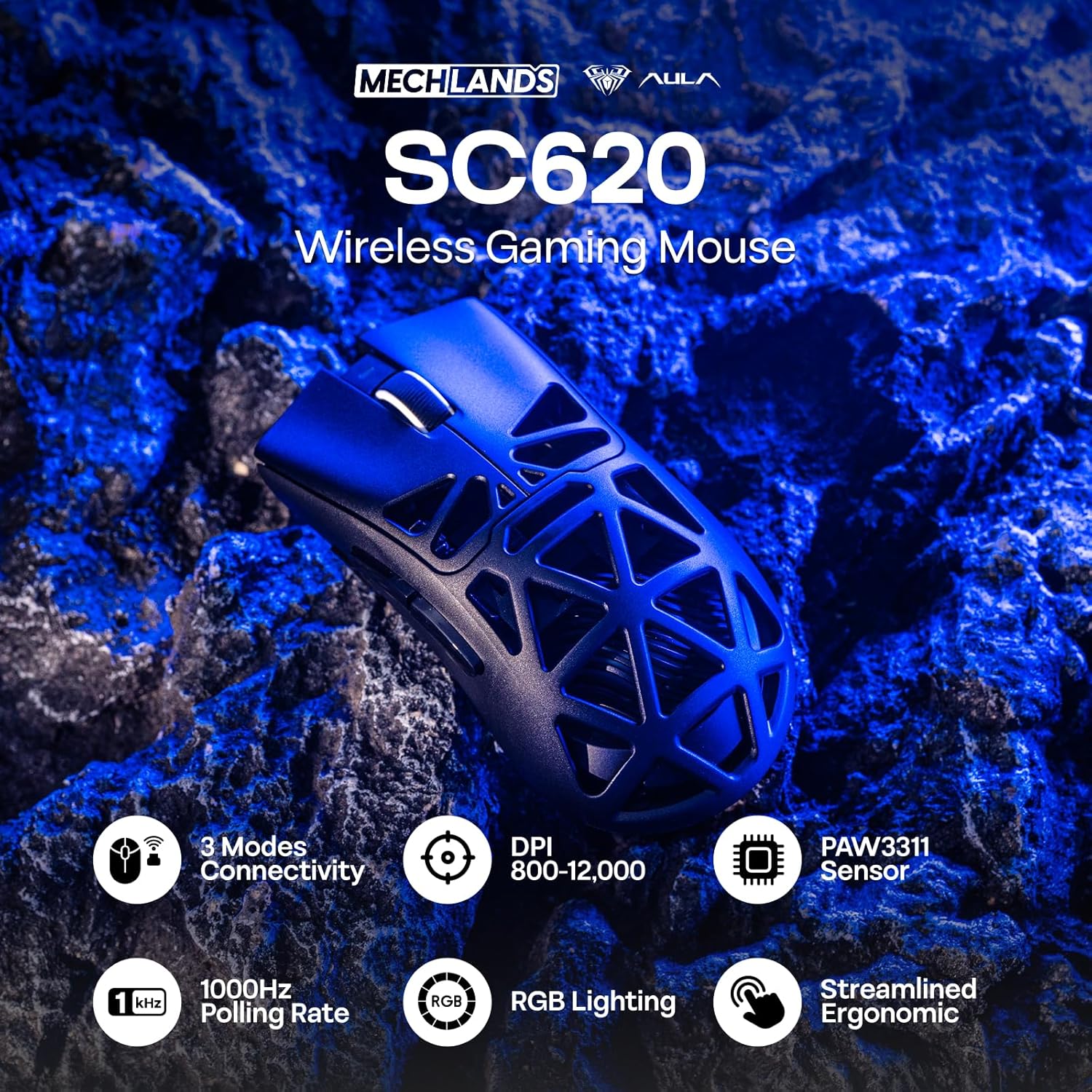 Detalle 2 de MechLands Aula SC620 Gaming Mouse, PAW3311 Sensor, 12,000 DPI, Tri-Mode