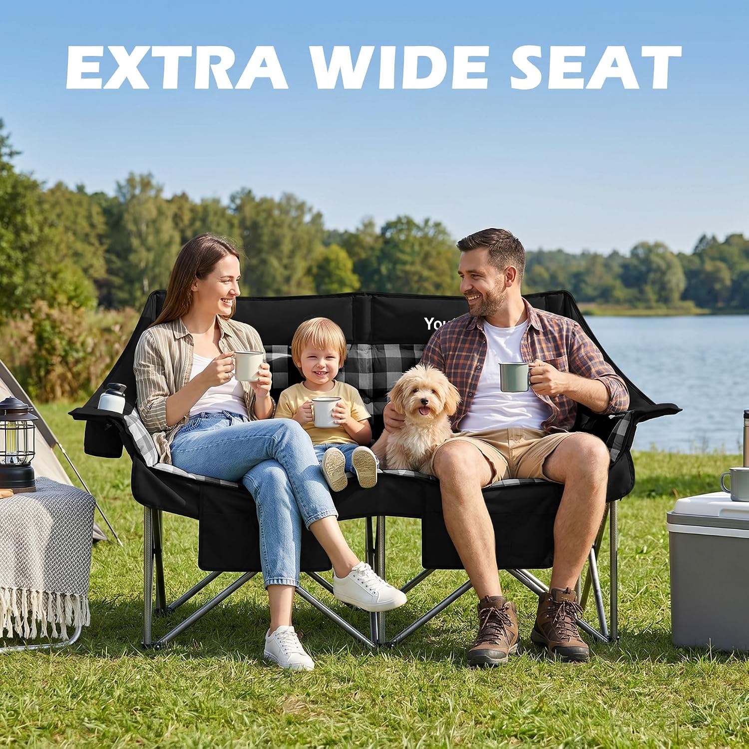 Detalle de Youtanic Oversized Double Camping Chair (Folding Loveseat) with Cup Holder, Pockets & Carry Bag, Black