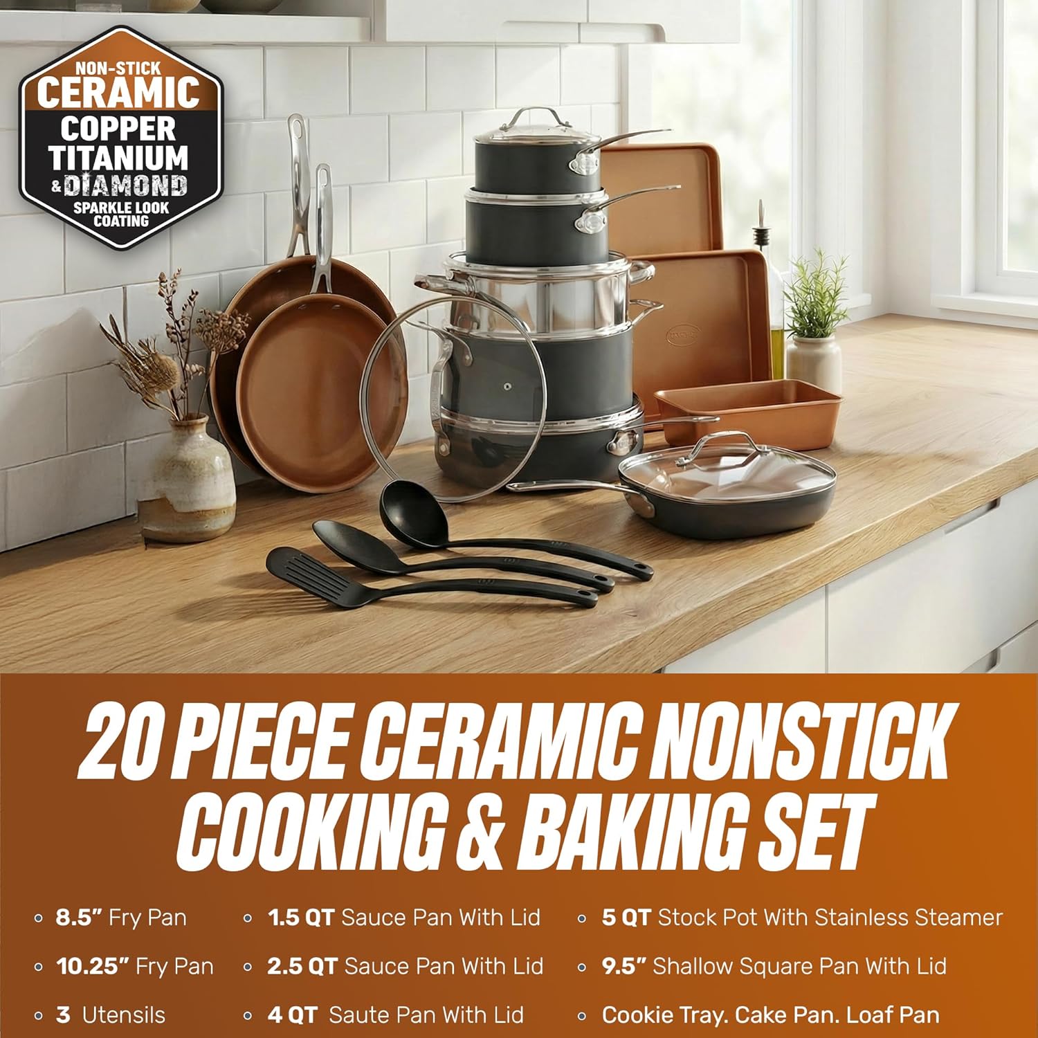 Thumbnail 1 de GOTHAM STEEL 20 Pc Ceramic Cookware Set: Nonstick Copper Ceramic, Bakeware, and Accessories