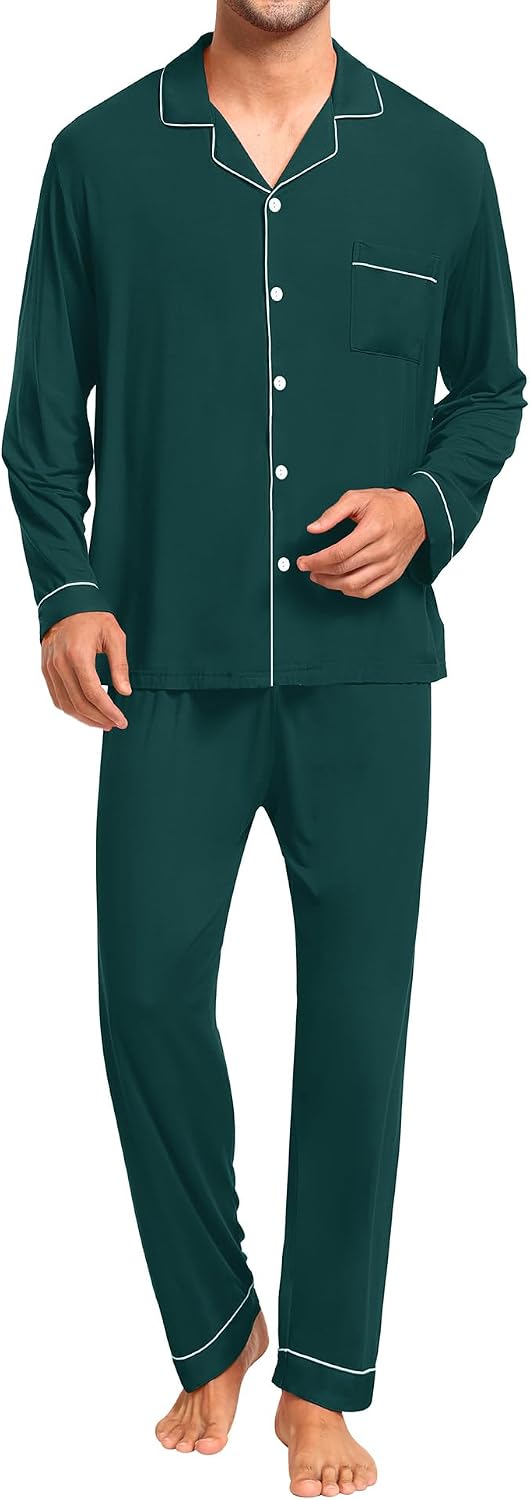 Detalle 1 de SWOMOG Men's Modal Pajama Set with Button-Down Top and Pocketed Pants