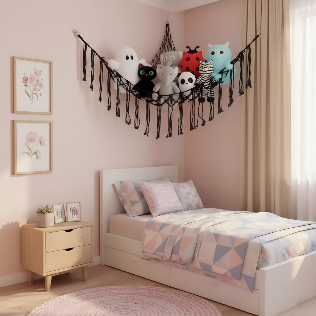 Detalle de Beler GW366 opbergnet voor knuffeldieren, 2-delig, zwart katoen