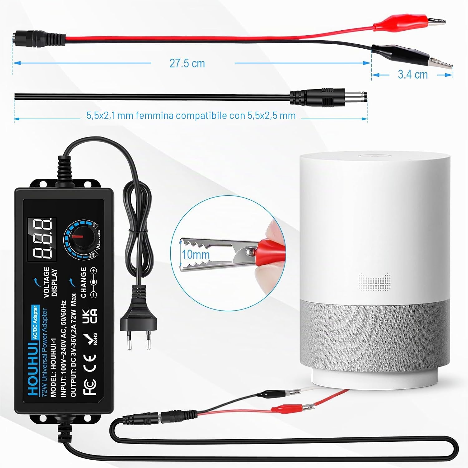 Detalle 2 de Adattatore di alimentazione regolabile DC 3V–36V 72W con 14 spunte: versatilità e protezione per elettronica domestica