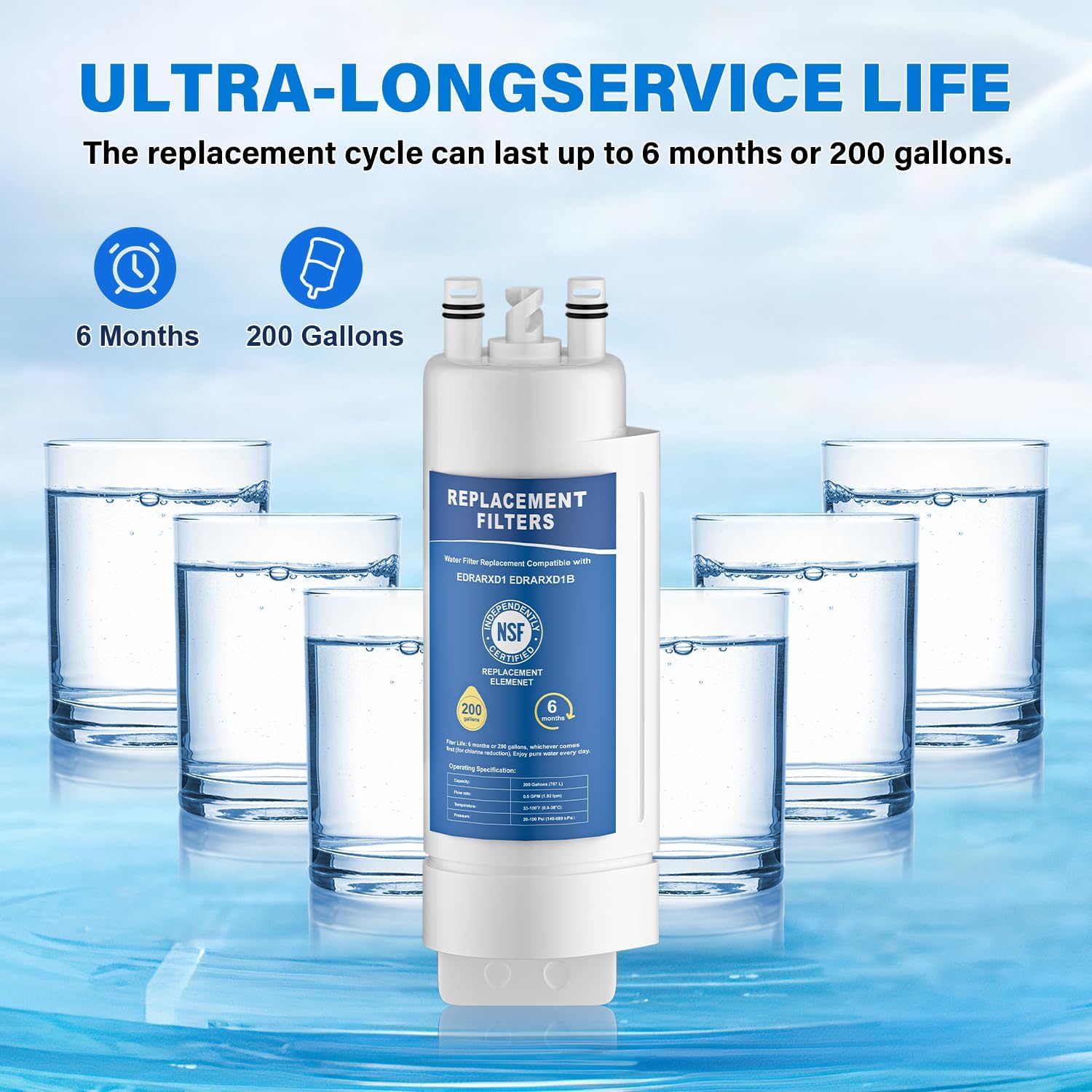 Detalle de HongVrisly EDRARXD1 Replacement Water Filter, 2-Pack with Twist-Lock Design