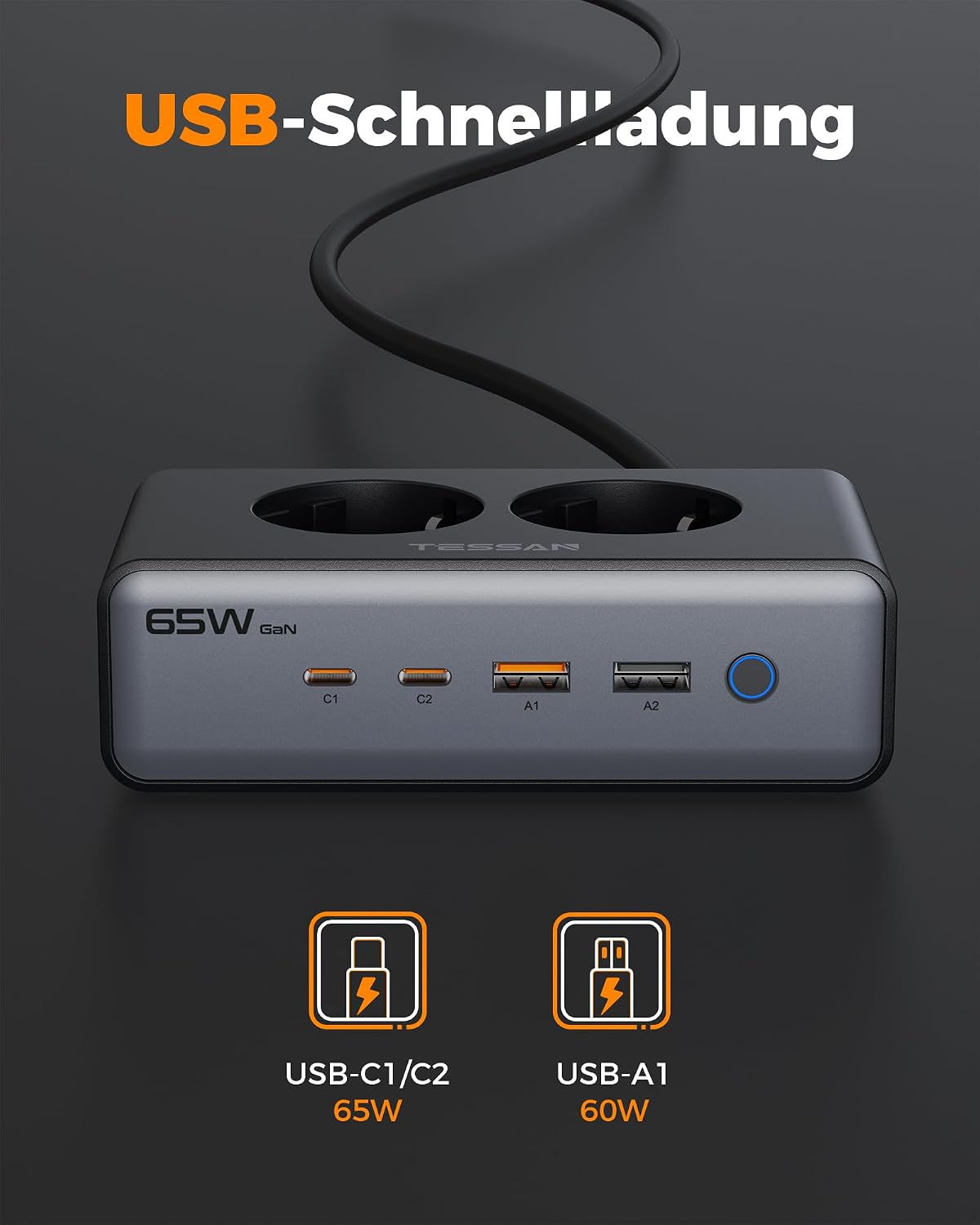 Thumbnail 2 de TESSAN Mehrfachsteckdose mit USB 6-in-1 (Überspannungsschutz, 4000 W, GaN PD 65 W, 1,5 m)