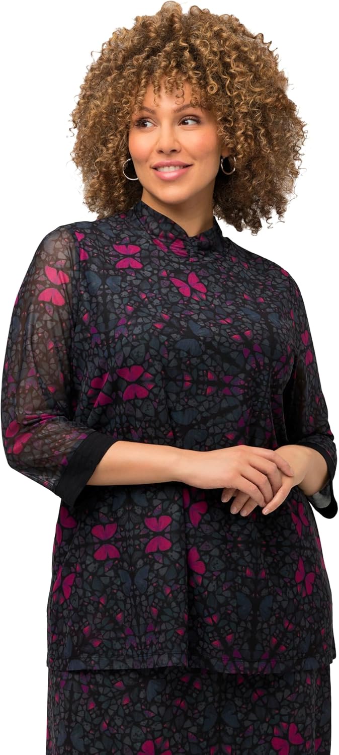 Detalle de Ulla Popken Femme Grandes Tailles T-Shirt en Mesh à Col Montant et Manches 3/4, Ligne A 821280