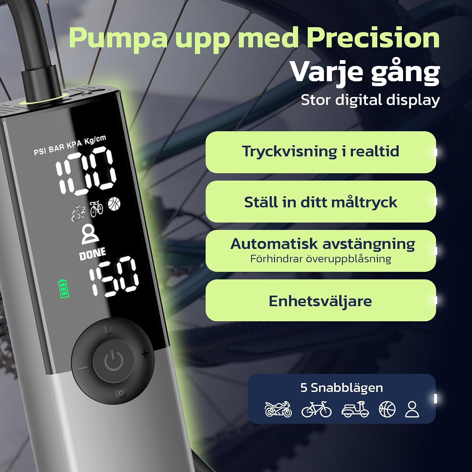 Detalle de Woowind Ventus Ride BP188G elektrisk cykelpump, 150 PSI och USB-C